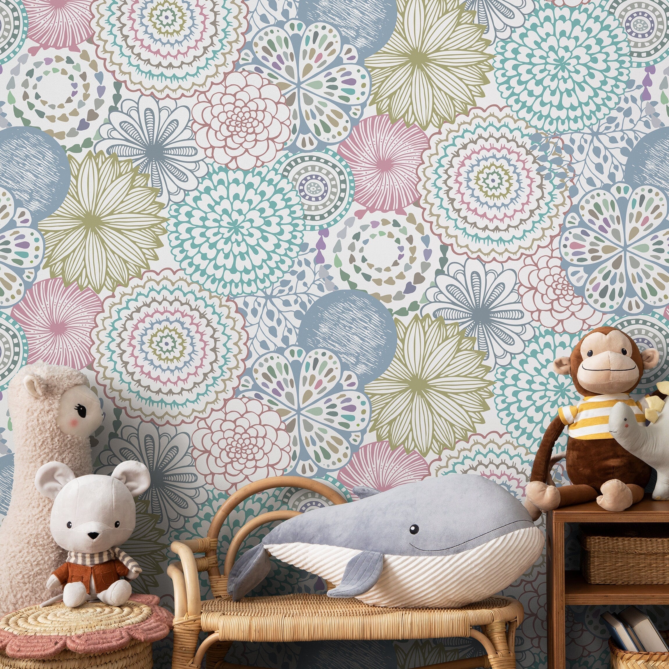 Floral Wallpaper With Doodle Style Mandalas In Teal, Pink, And Green - B361