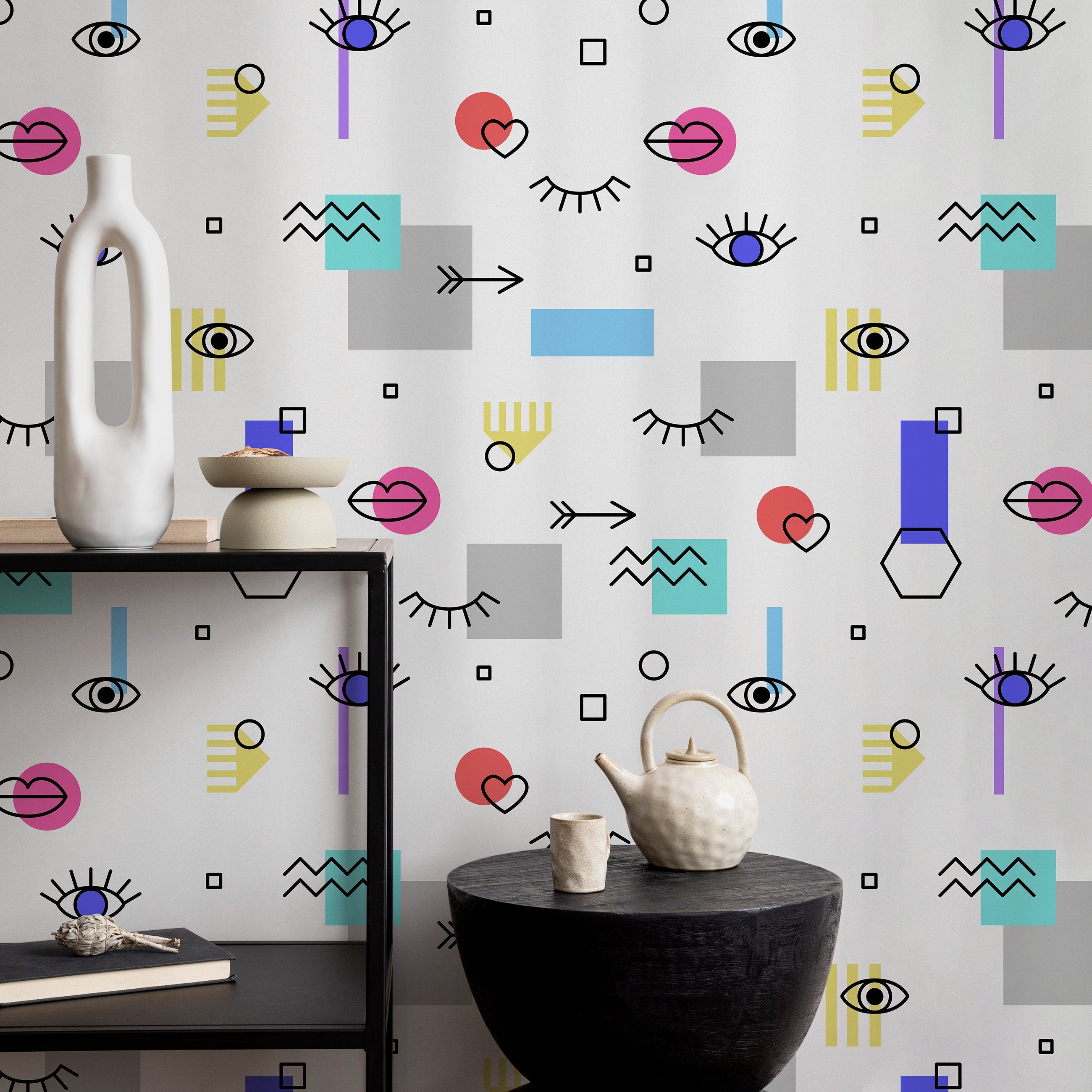 Abstract Wallpaper Featuring Eyes, Hearts, And Shapes In Blue, Pink, And Yellow - B364