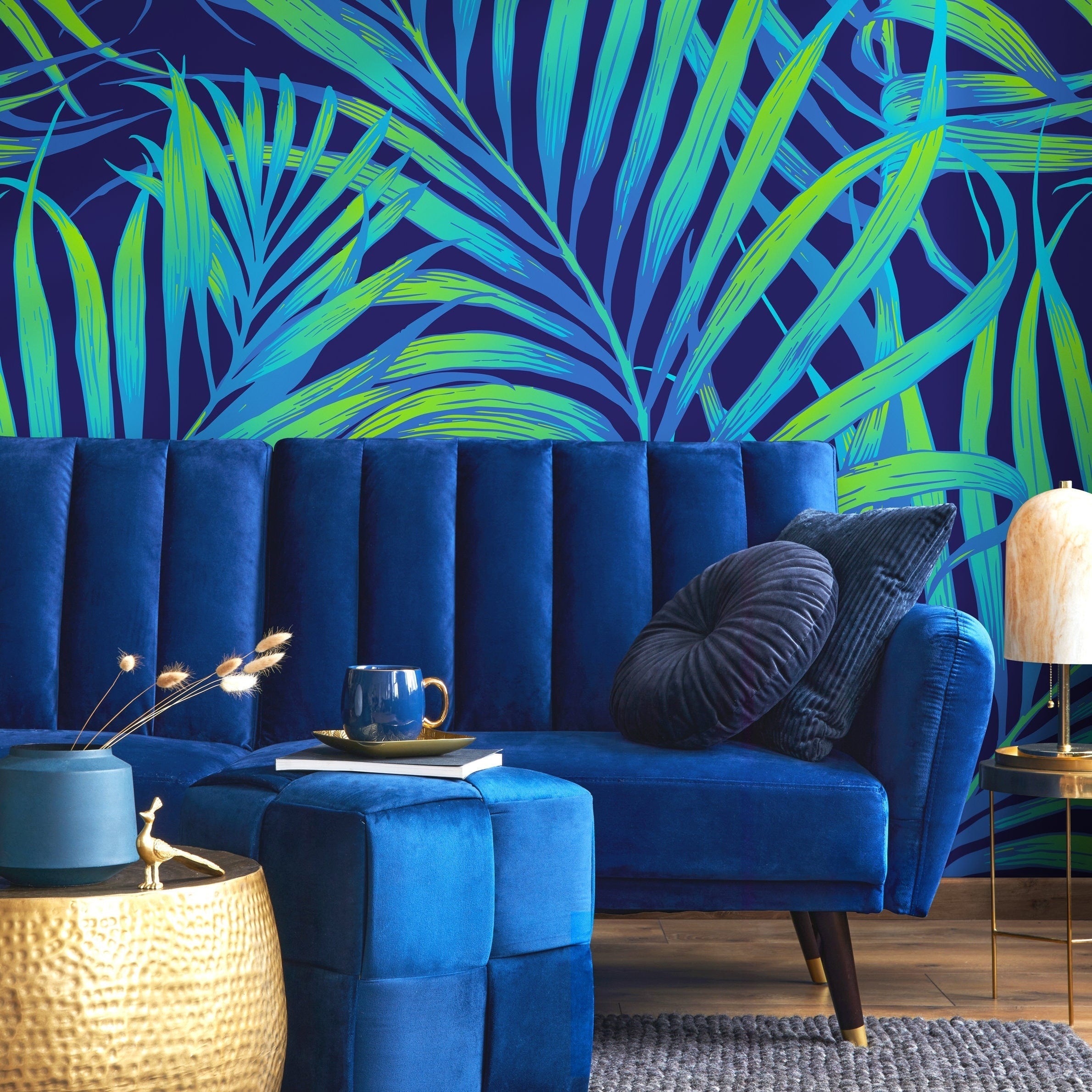 Tropical Wallpaper With Neon Palm Leaves In Blue And Green - B378