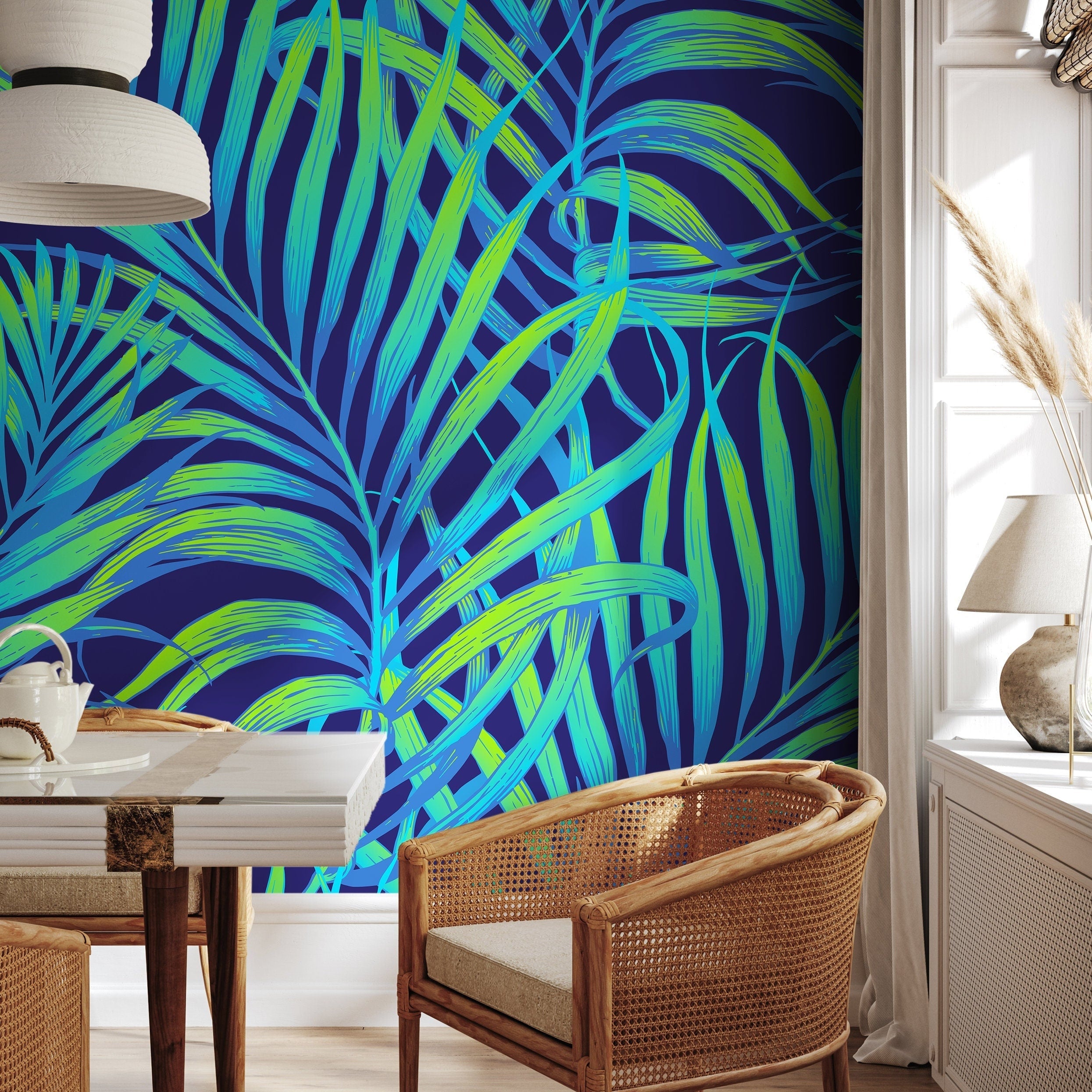 Tropical Wallpaper With Neon Palm Leaves In Blue And Green - B378