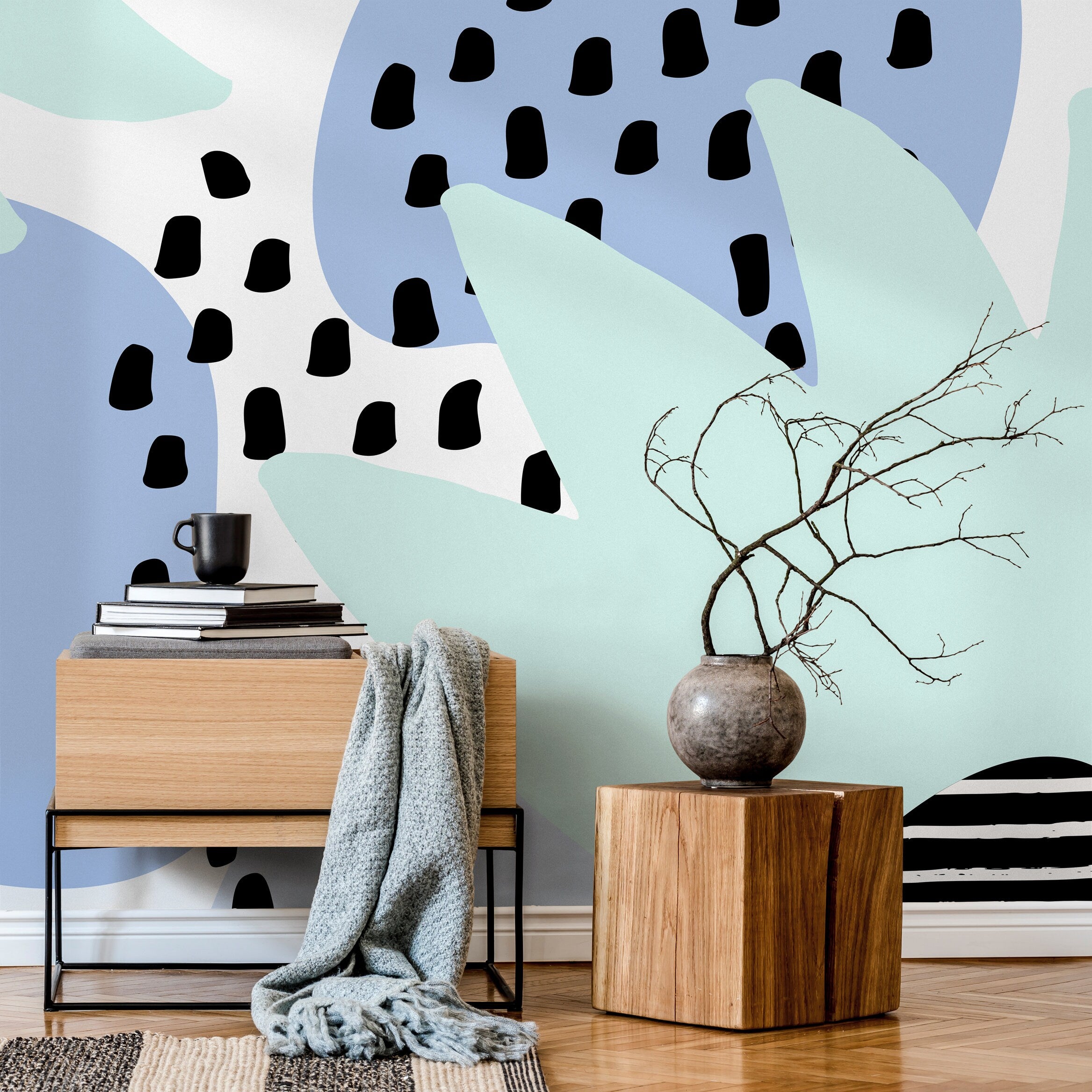Abstract Wallpaper With Organic Shapes And Spots In Blue, Mint Green, And Black - B381
