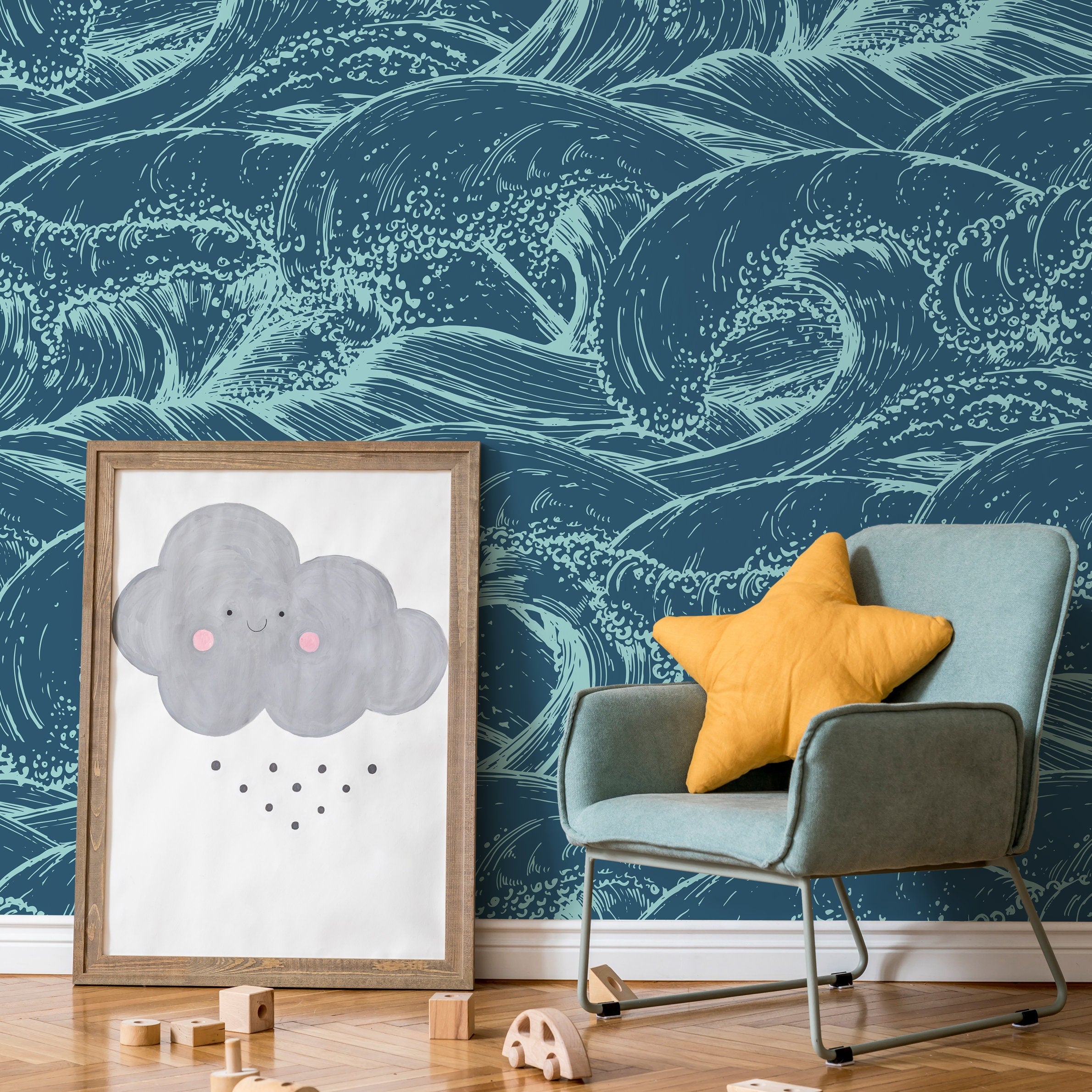Coastal Wallpaper With Japanese Style Ocean Waves In Teal And Mint - B386
