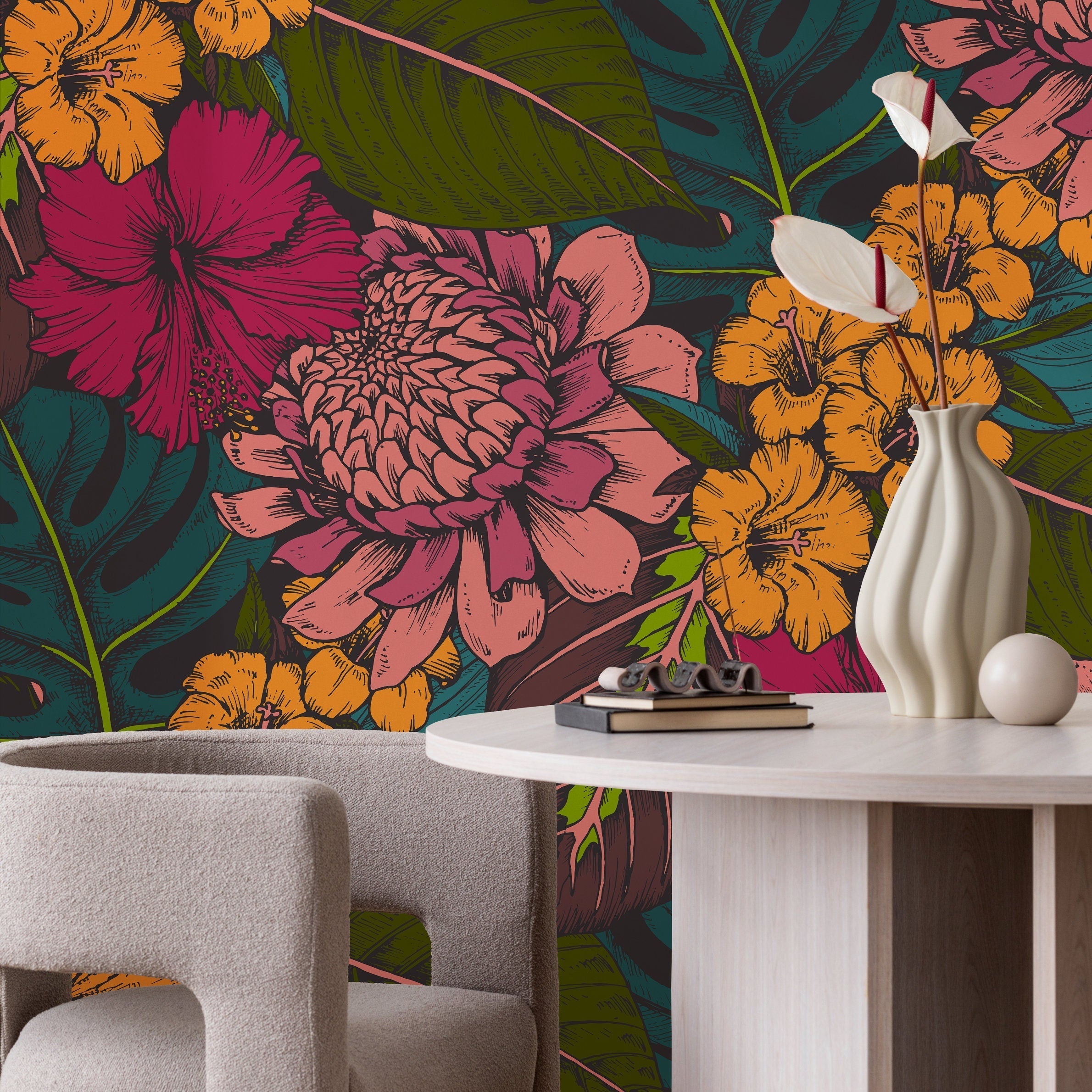 Botanical Wallpaper With Tropical Flowers And Leaves In Pink, Orange, And Teal - B391