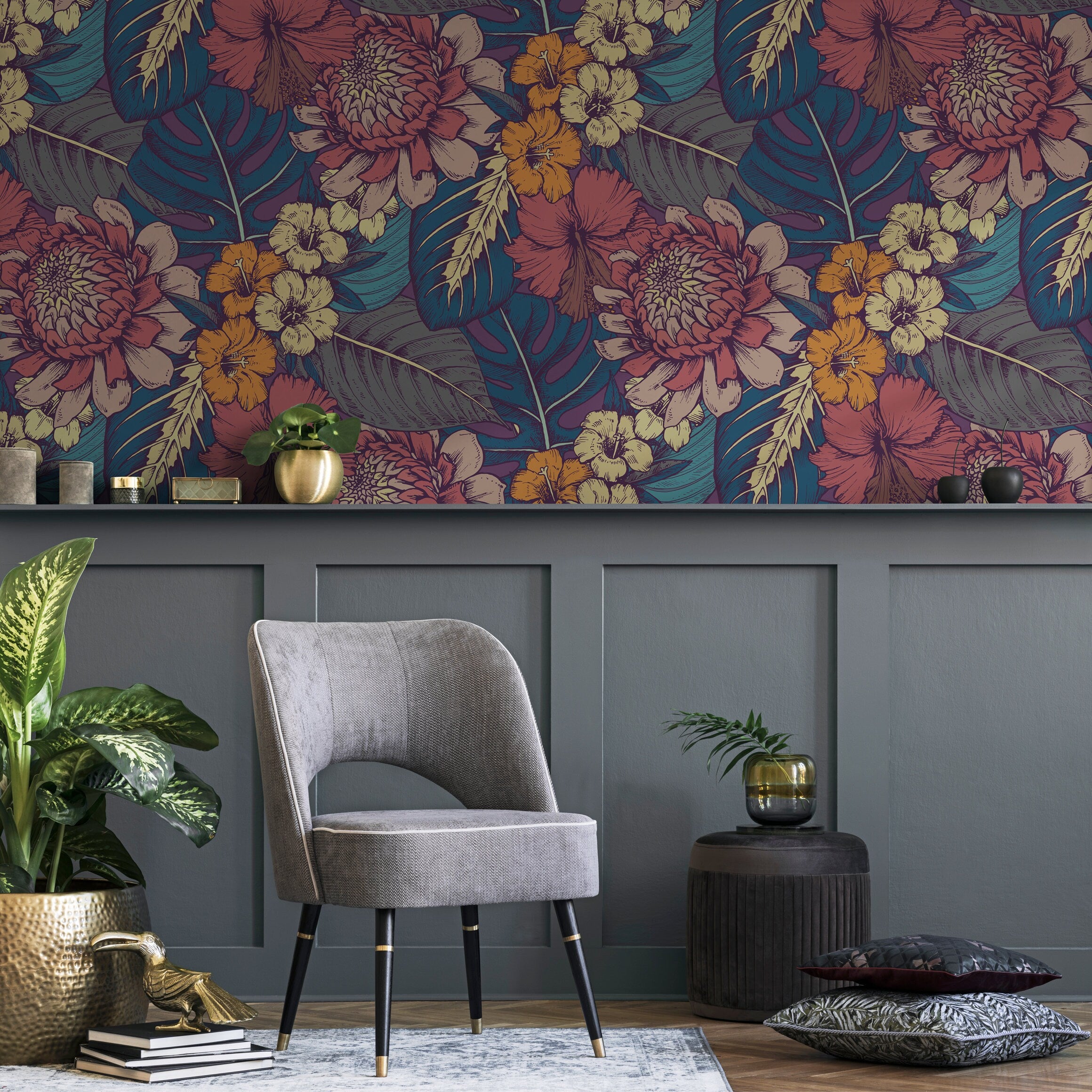 Floral Wallpaper With Tropical Blooms In Pink, Teal, And Orange - B395