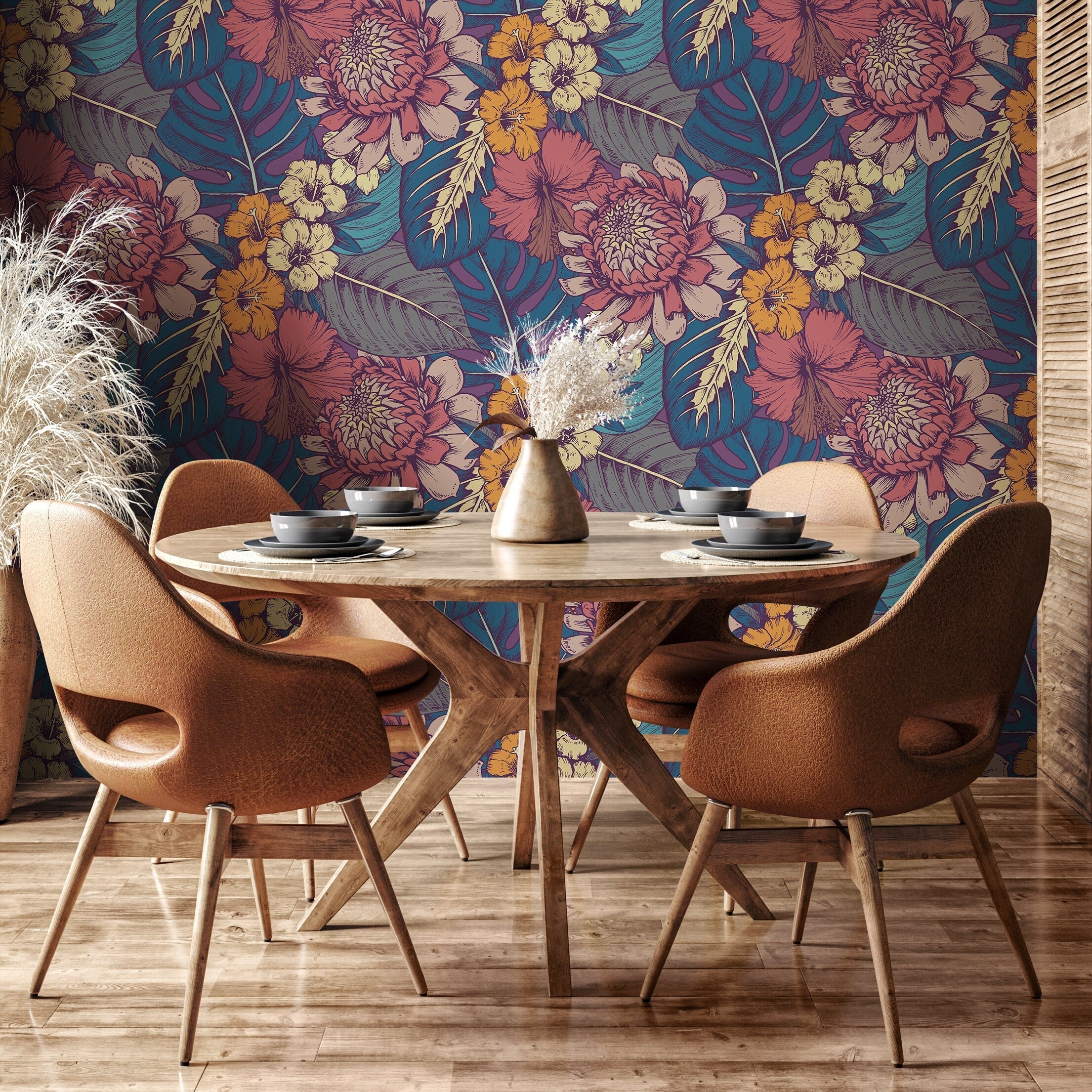 Floral Wallpaper With Tropical Blooms In Pink, Teal, And Orange - B395