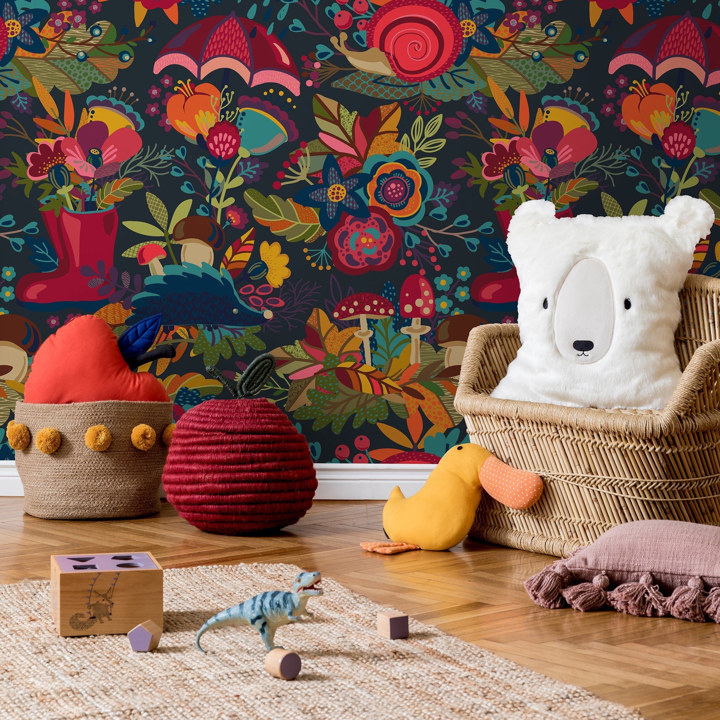 Floral Wallpaper With A Whimsical Motif In Red, Teal, And Orange - B399