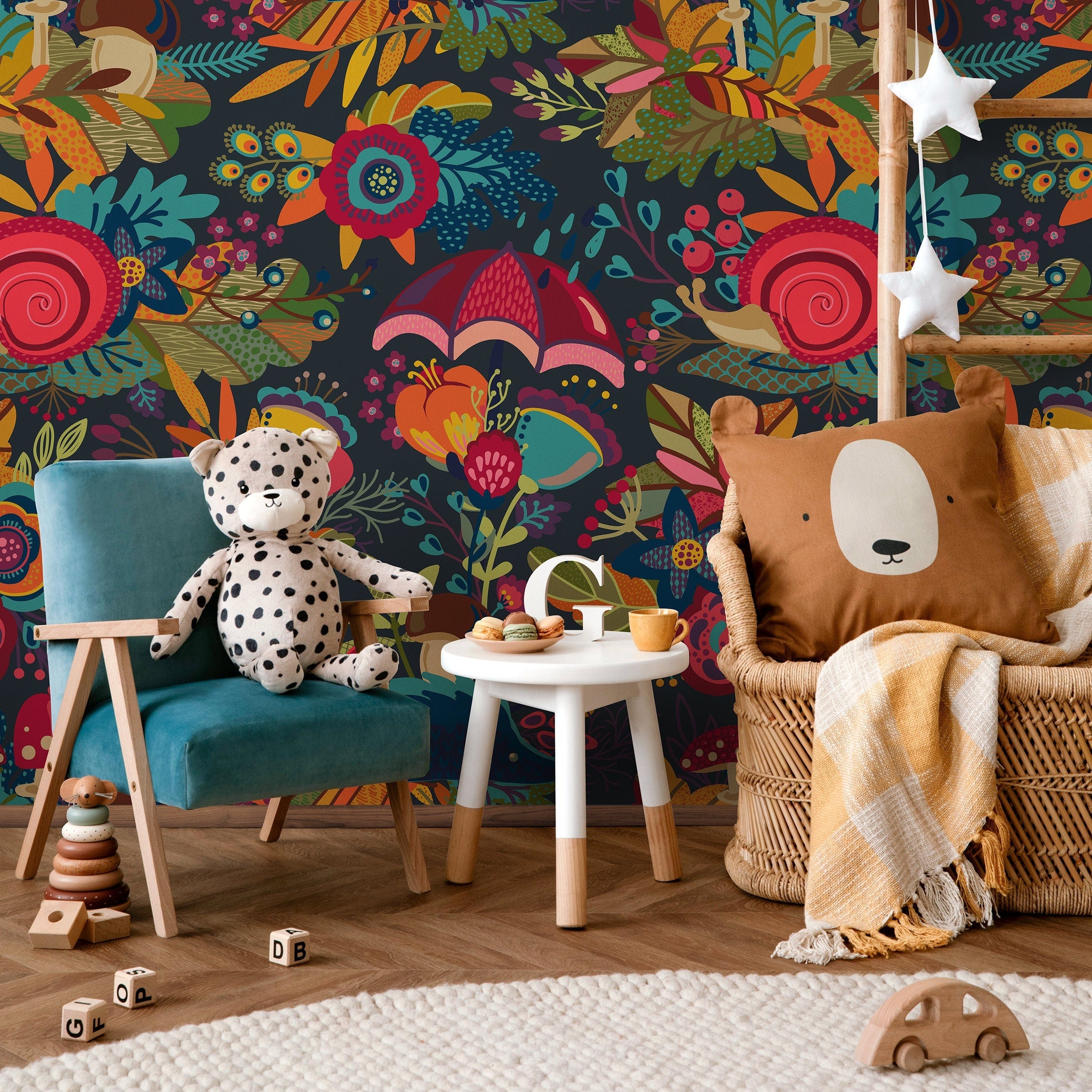 Floral Wallpaper With A Whimsical Motif In Red, Teal, And Orange - B399