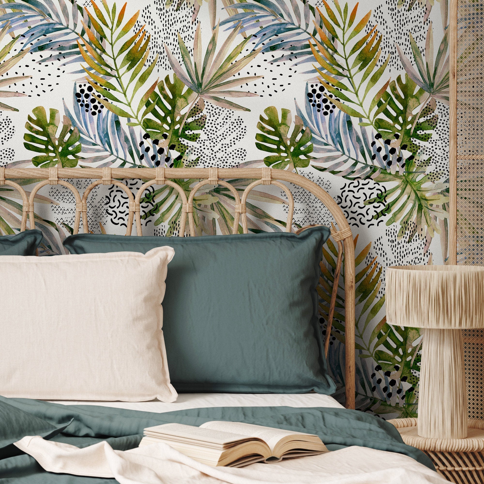Botanical Wallpaper With Abstract Palm Leaves In Green, Blue, And Orange - B002