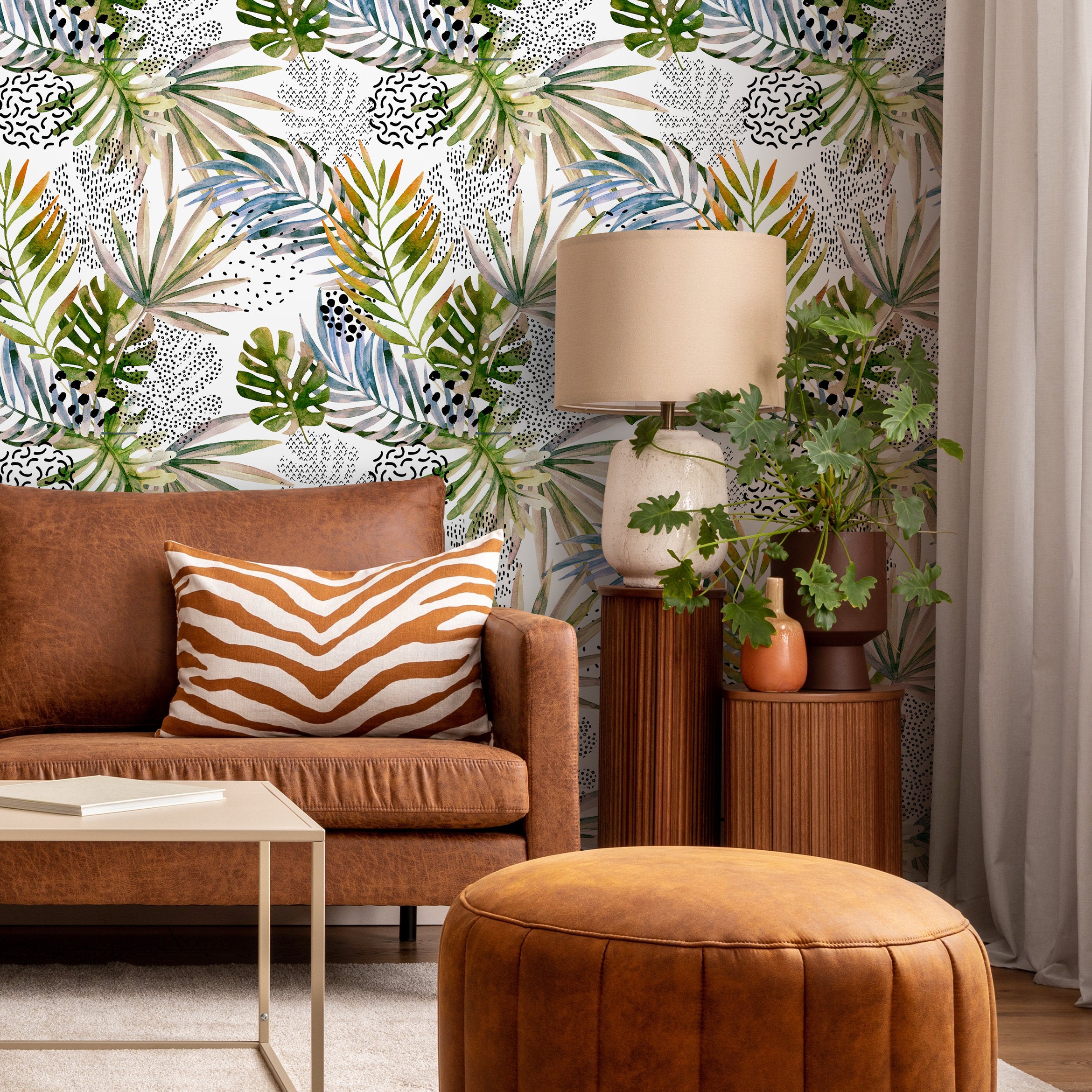 Botanical Wallpaper With Abstract Palm Leaves In Green, Blue, And Orange - B002