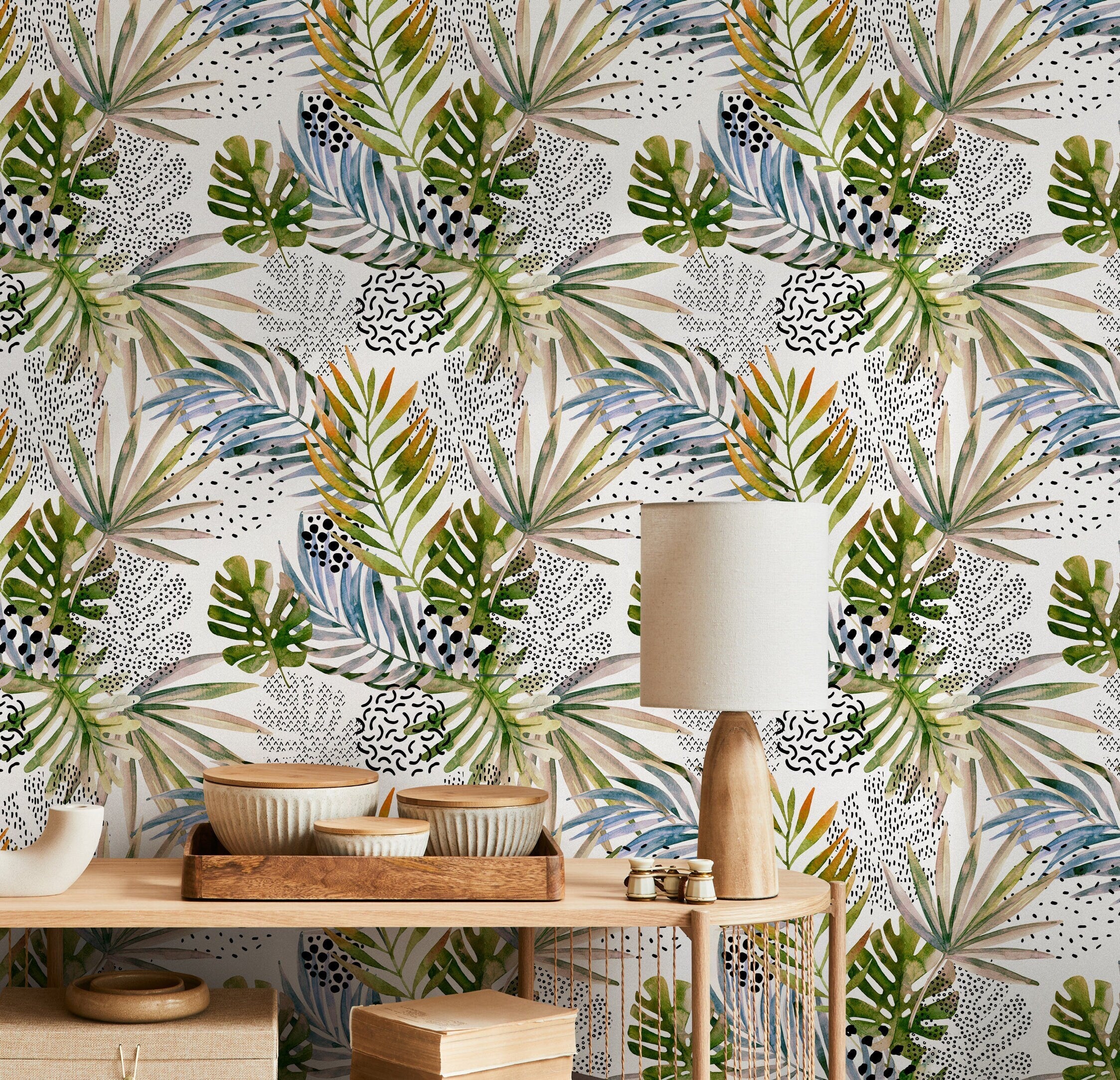 Botanical Wallpaper With Abstract Palm Leaves In Green, Blue, And Orange - B002