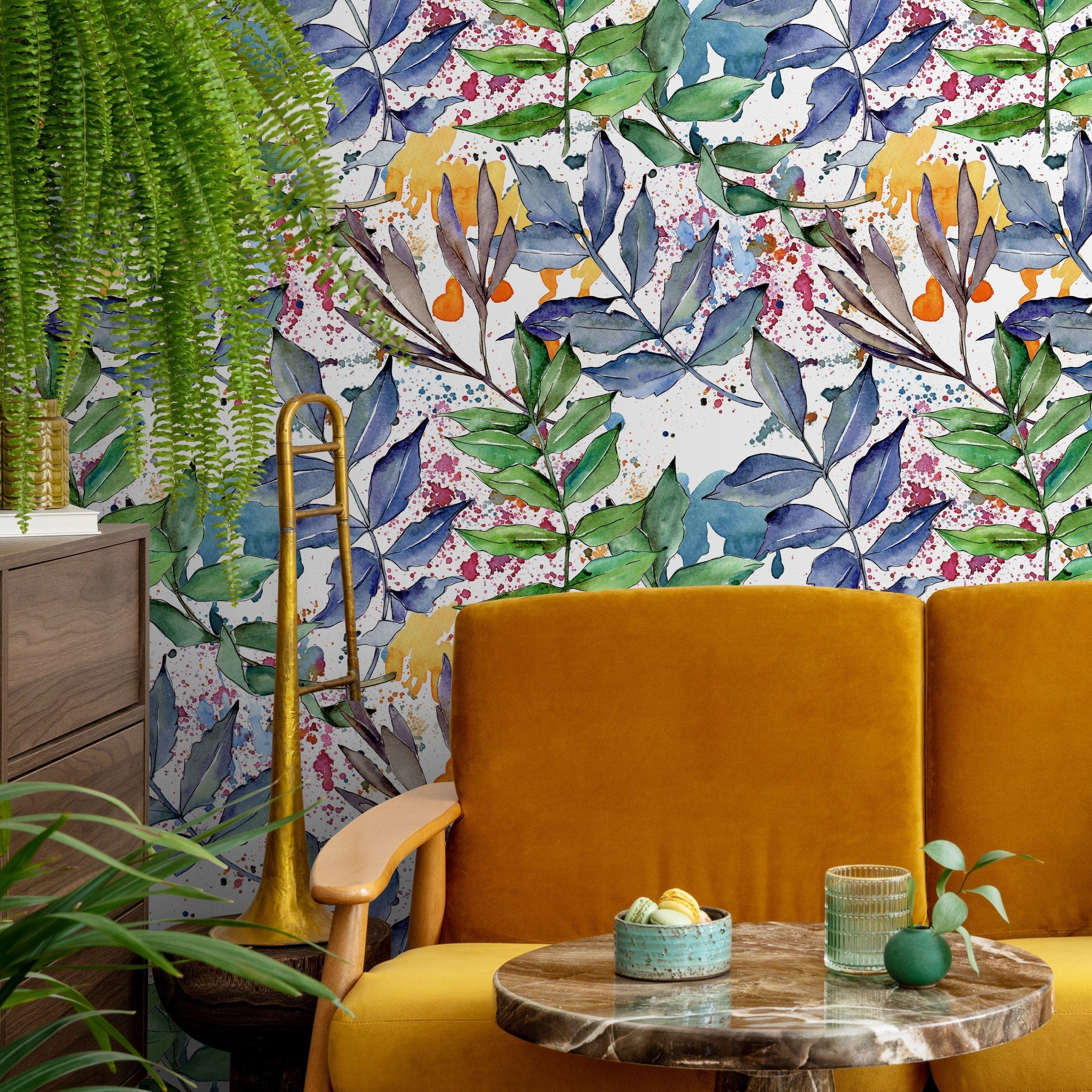 Botanical Wallpaper Featuring Watercolor Branches In Blue, Green, And Pink - B008