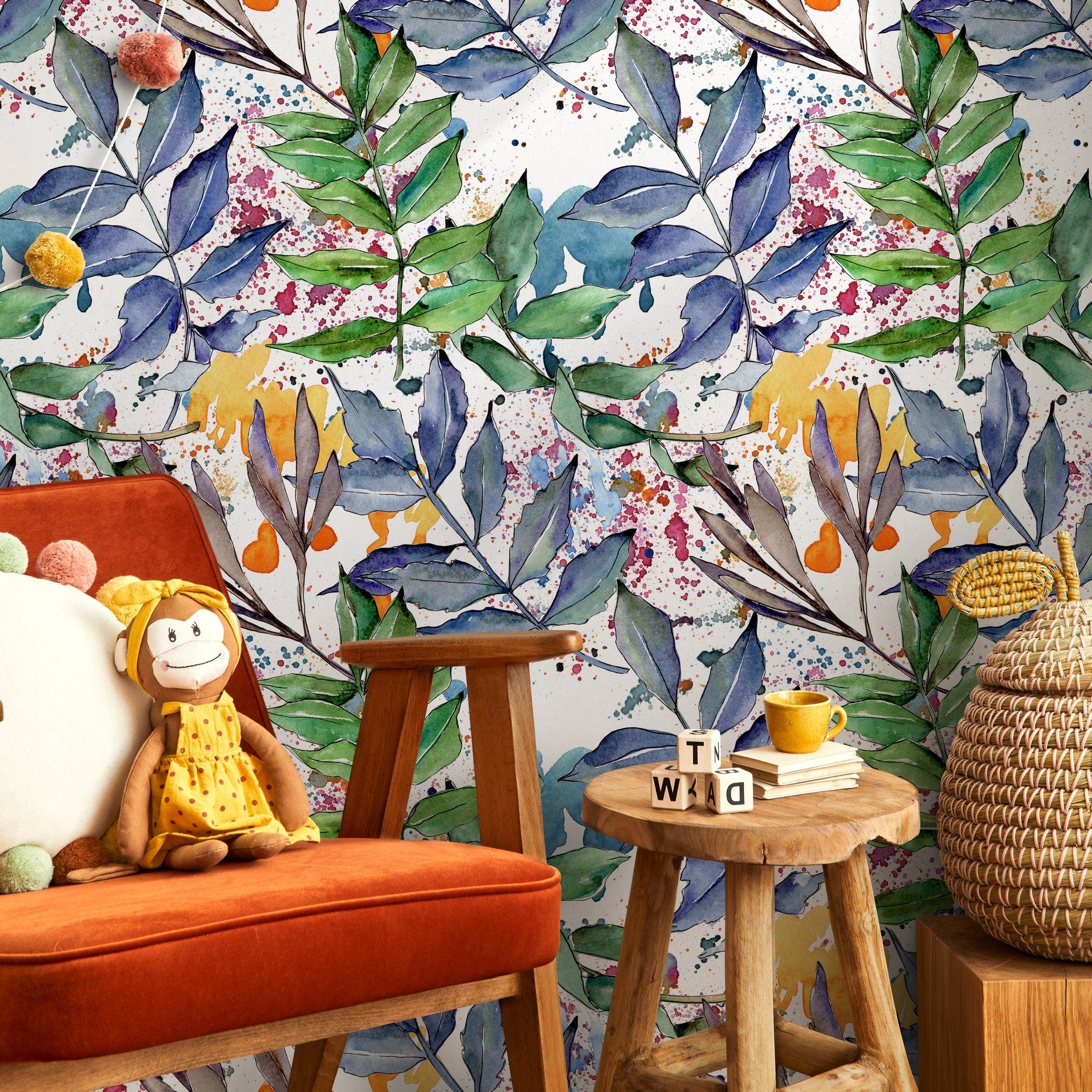 Botanical Wallpaper Featuring Watercolor Branches In Blue, Green, And Pink - B008