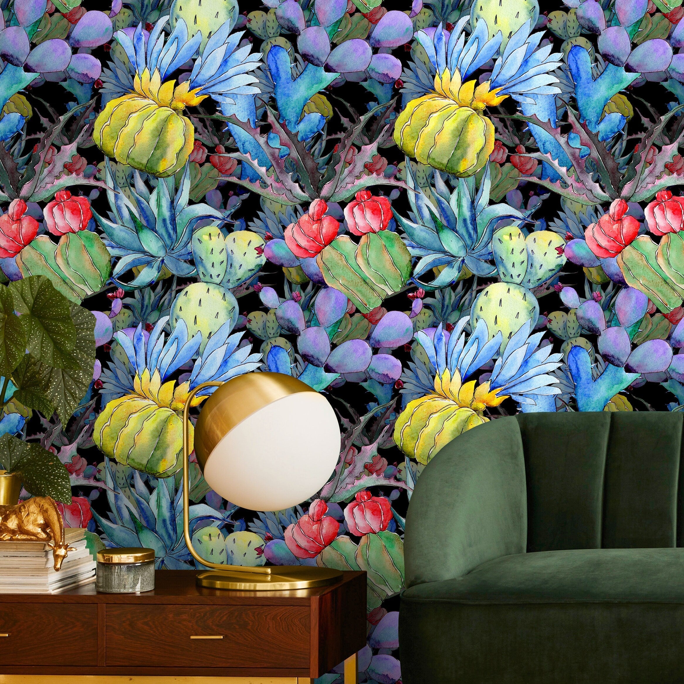 Cactus Wallpaper With A Watercolor Succulent Motif In Blue, Green, And Purple - B009