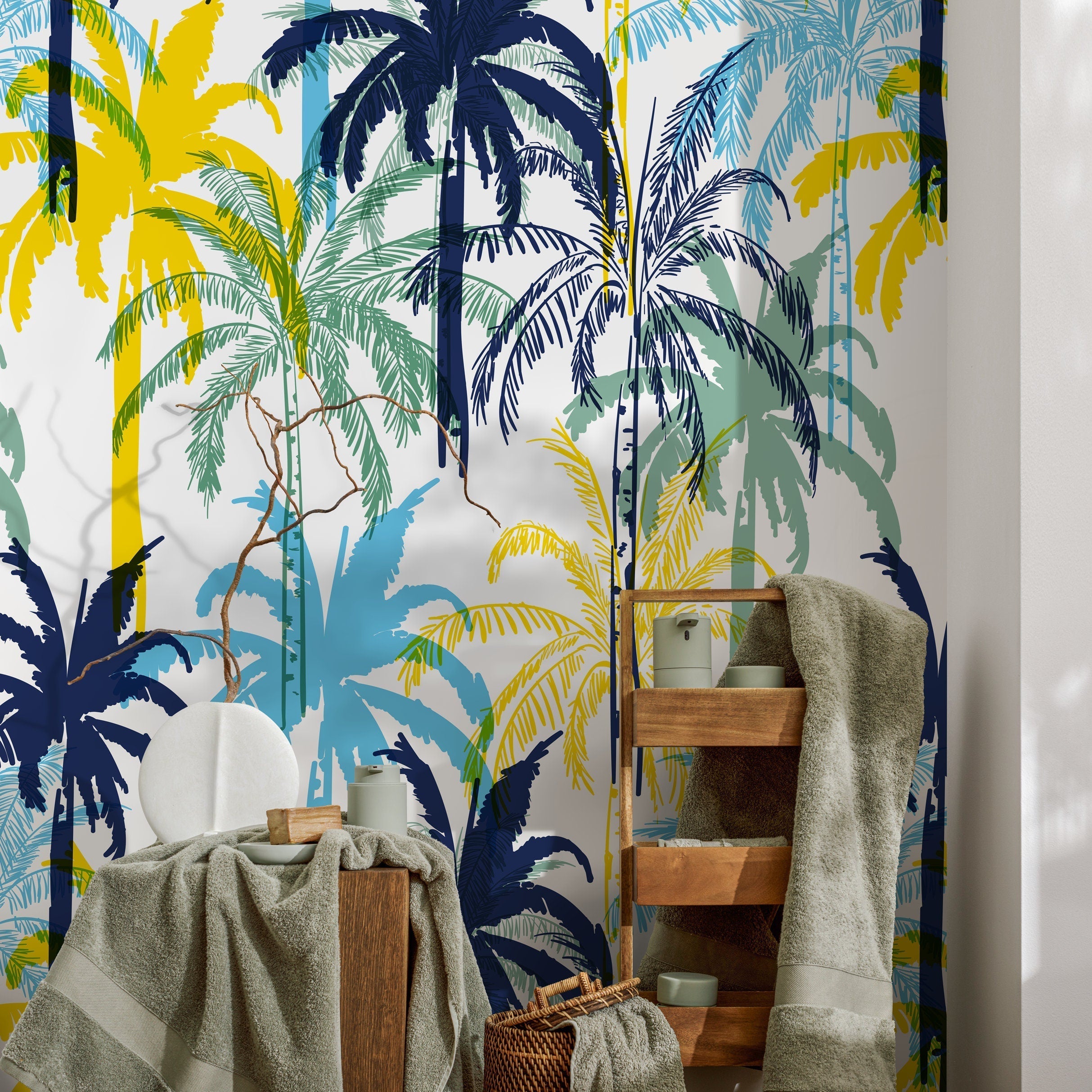 Tropical Wallpaper With Stylized Palm Trees In Blue, Yellow, And Green - B012