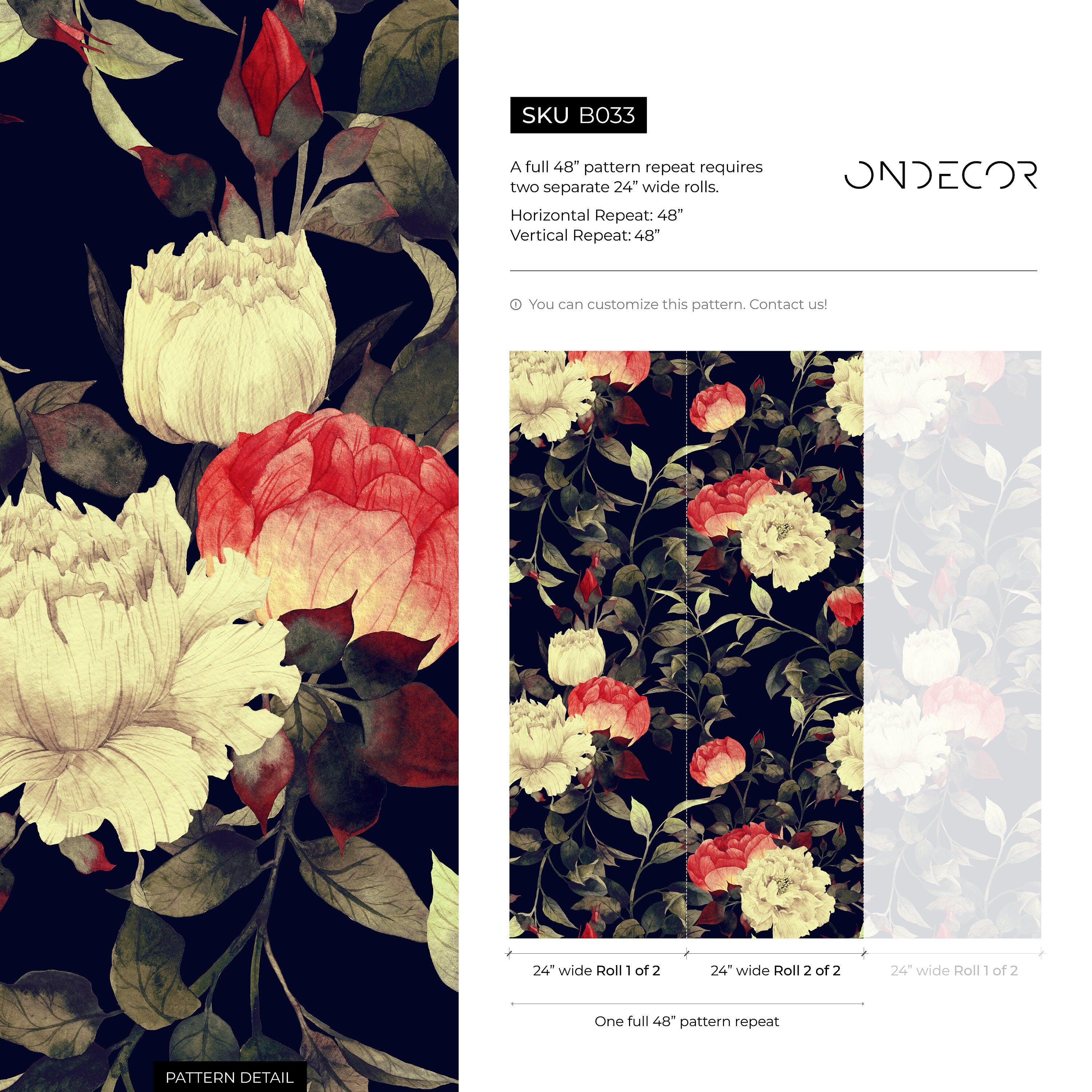 Floral Wallpaper With Vintage Peonies In Dark Blue, Red, And Cream - B033