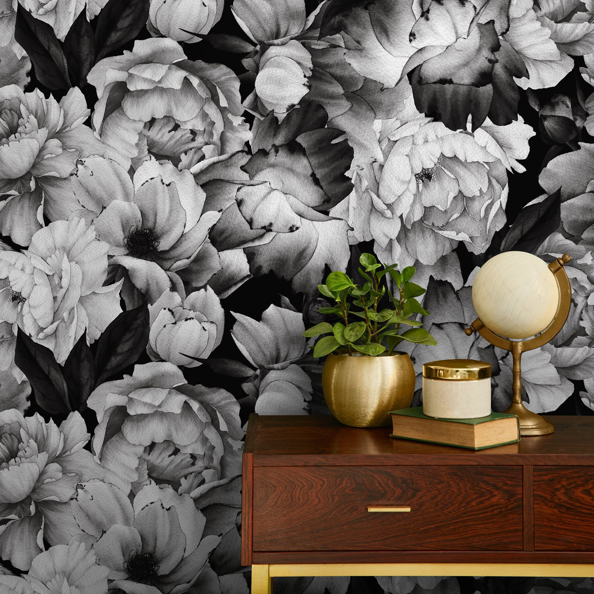Floral Wallpaper With Watercolor Peonies In Black And White - B045