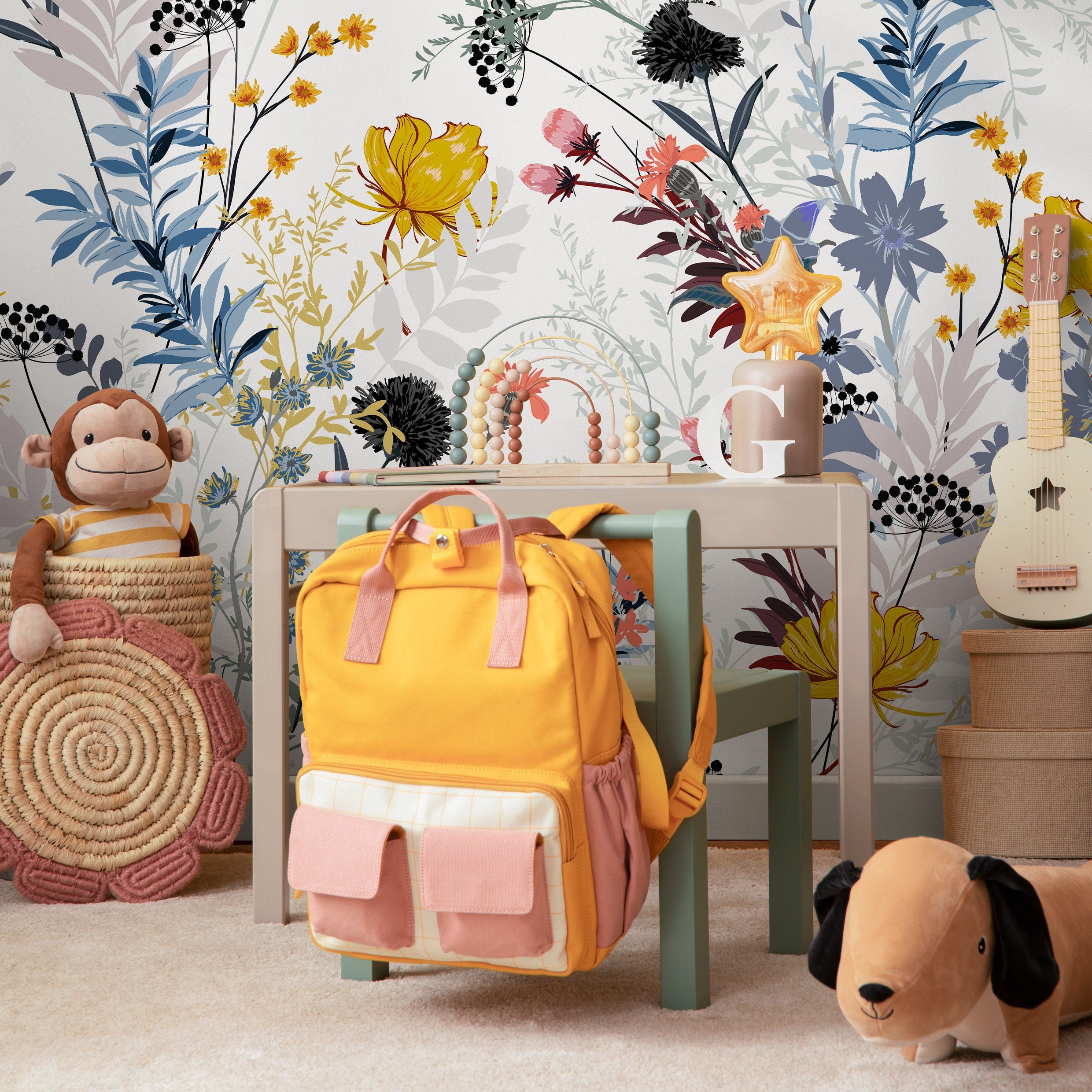 Floral Wallpaper With A Wildflower Meadow Motif In Yellow, Blue, And Red - B048