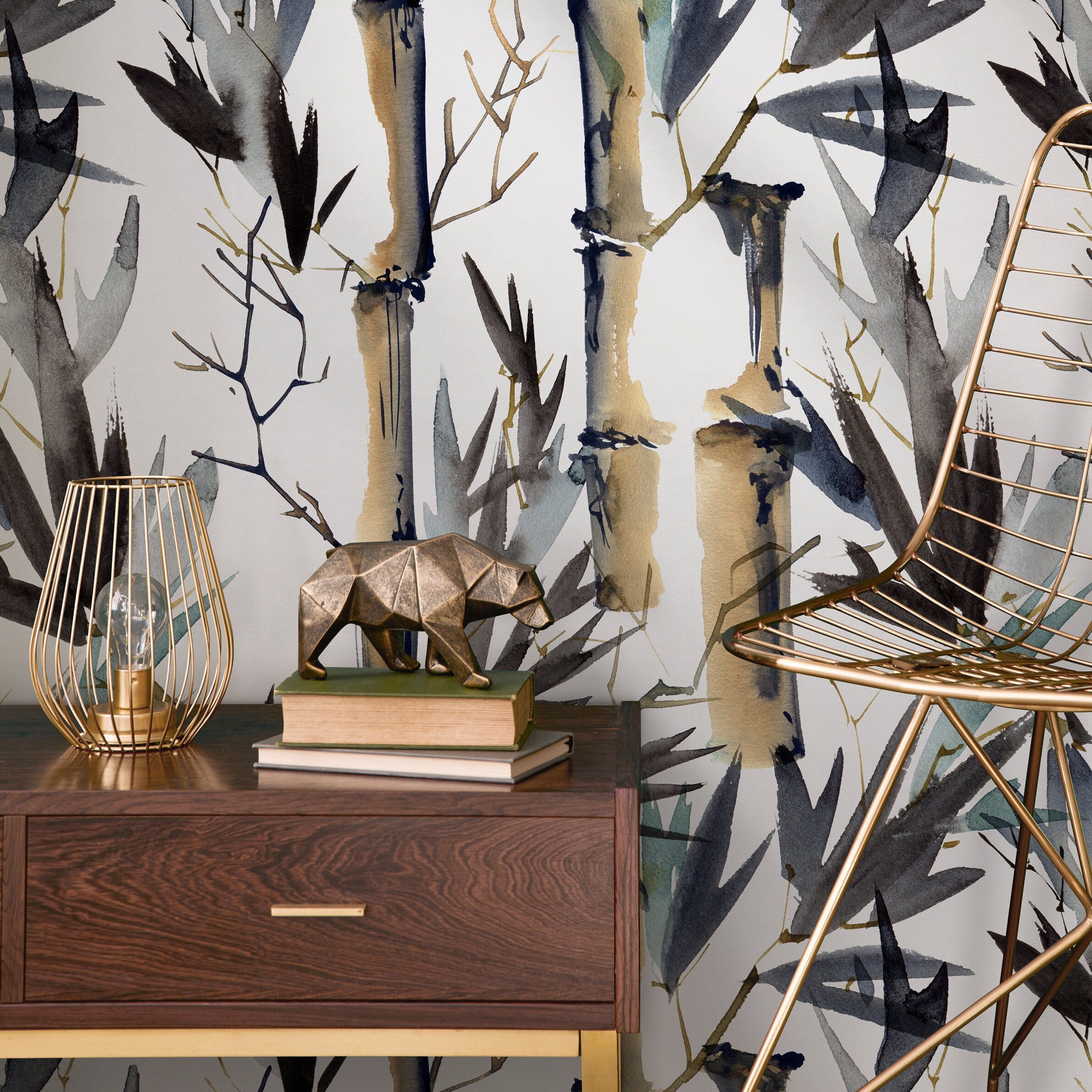 Japanese Wallpaper With A Watercolor Bamboo Forest Motif In Beige, Blue, And Black - B052
