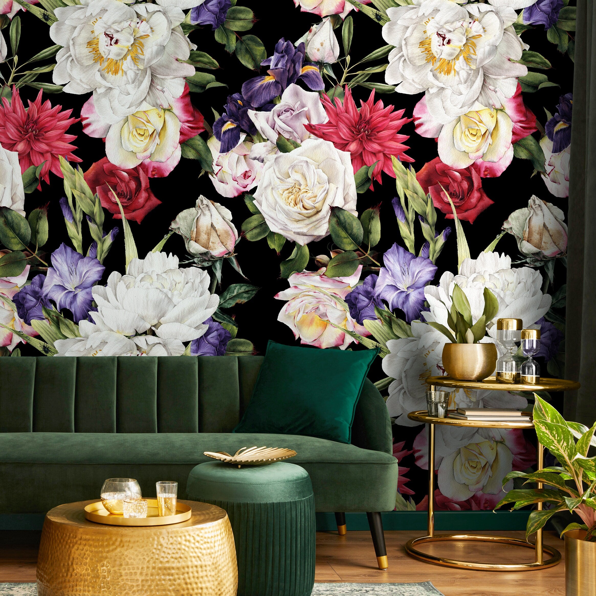 Floral Wallpaper With Peonies And Roses In White, Red, And Purple - B061