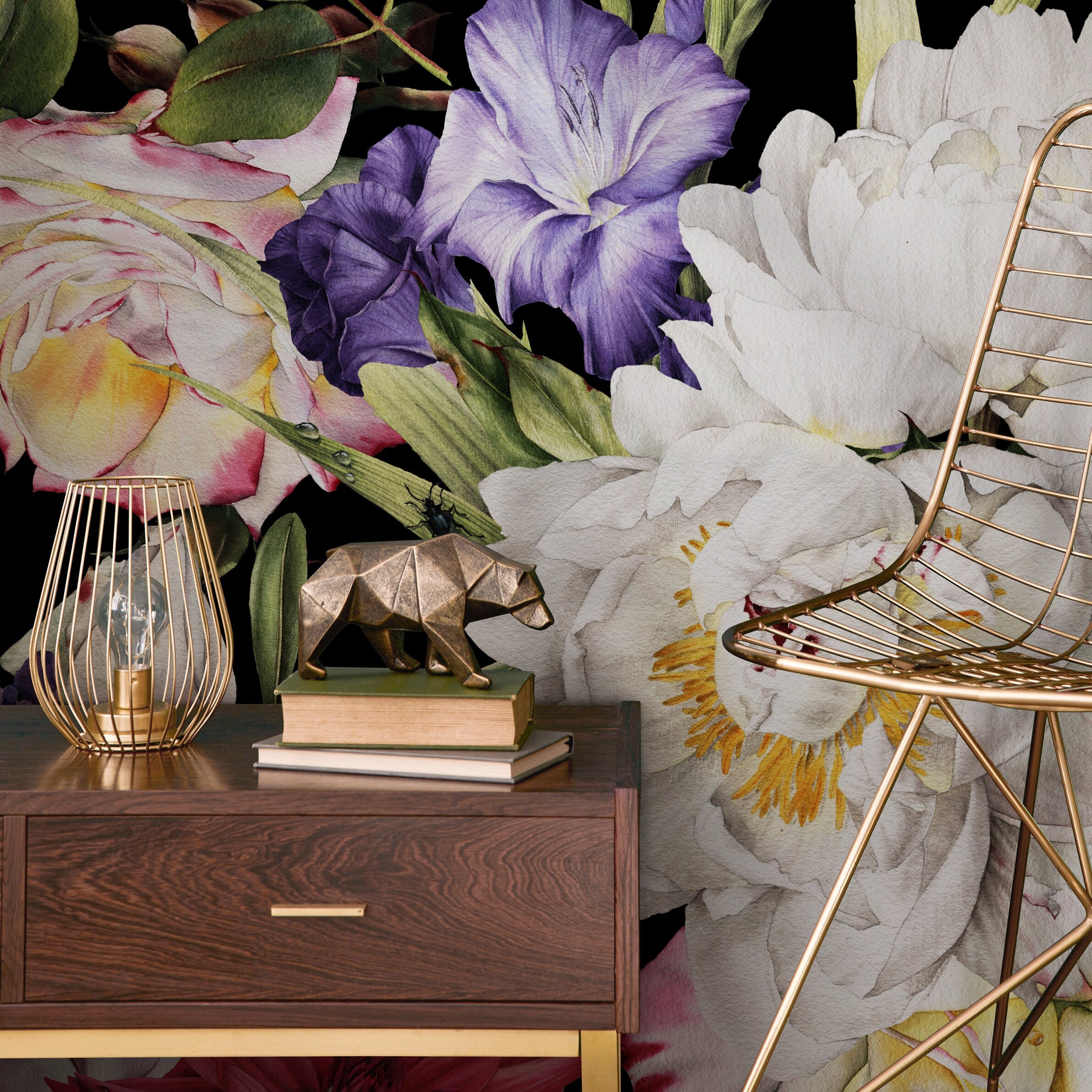 Floral Wallpaper With Peonies And Roses In White, Red, And Purple - B061