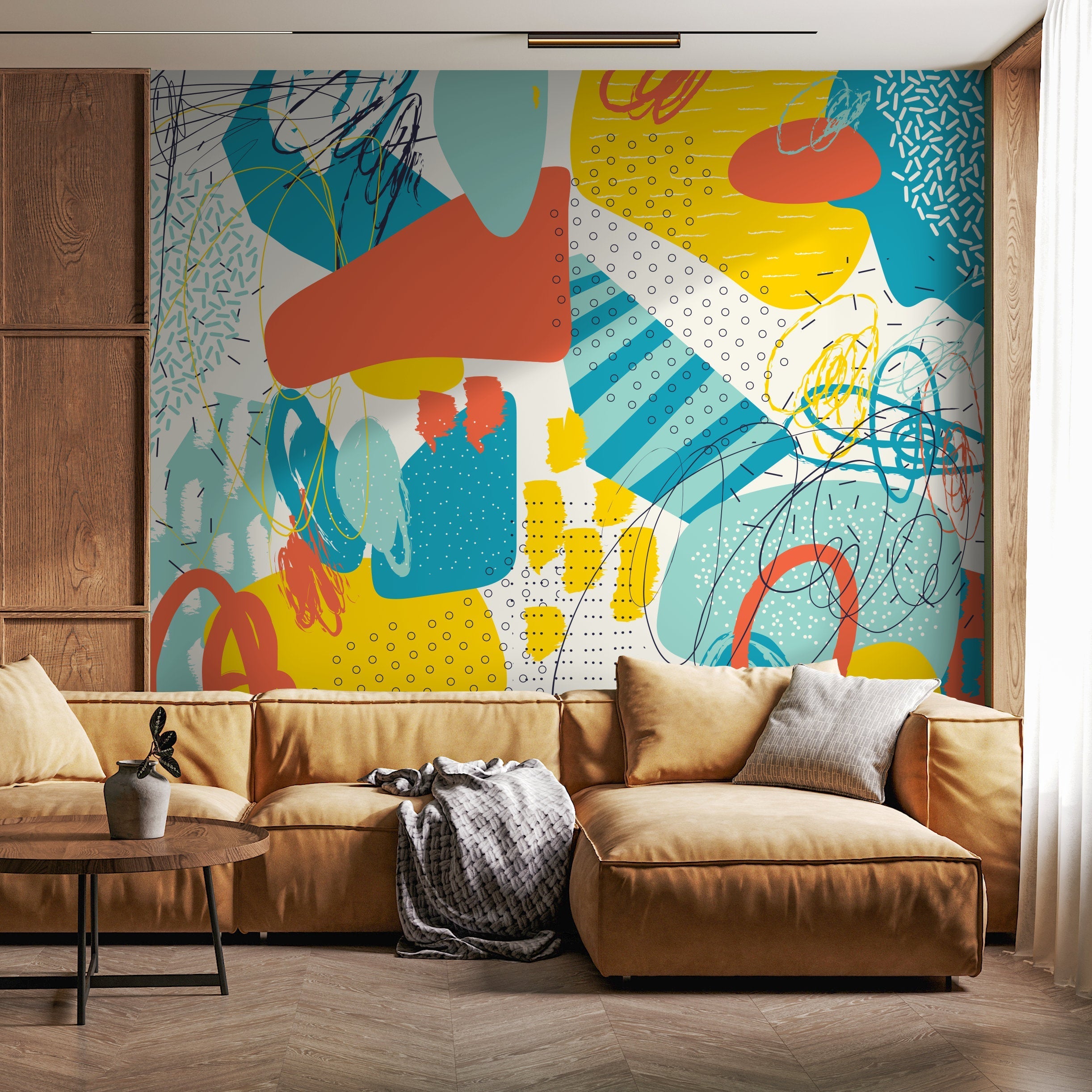 Abstract Wallpaper With A Colorful Collage Of Shapes In Orange, Yellow, And Blue - B090