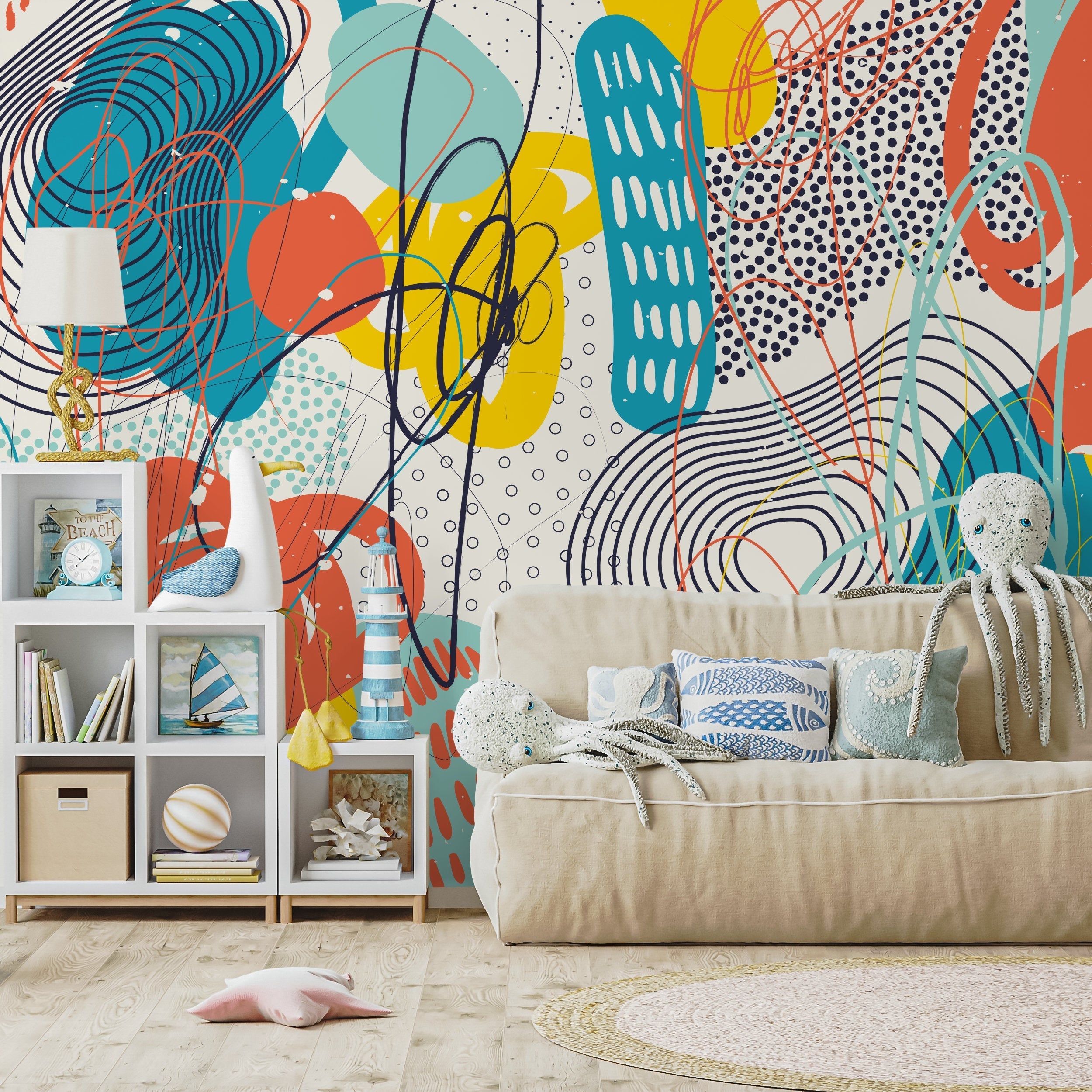 Abstract Wallpaper With Energetic Scribbles In Teal, Orange, And Yellow - B094