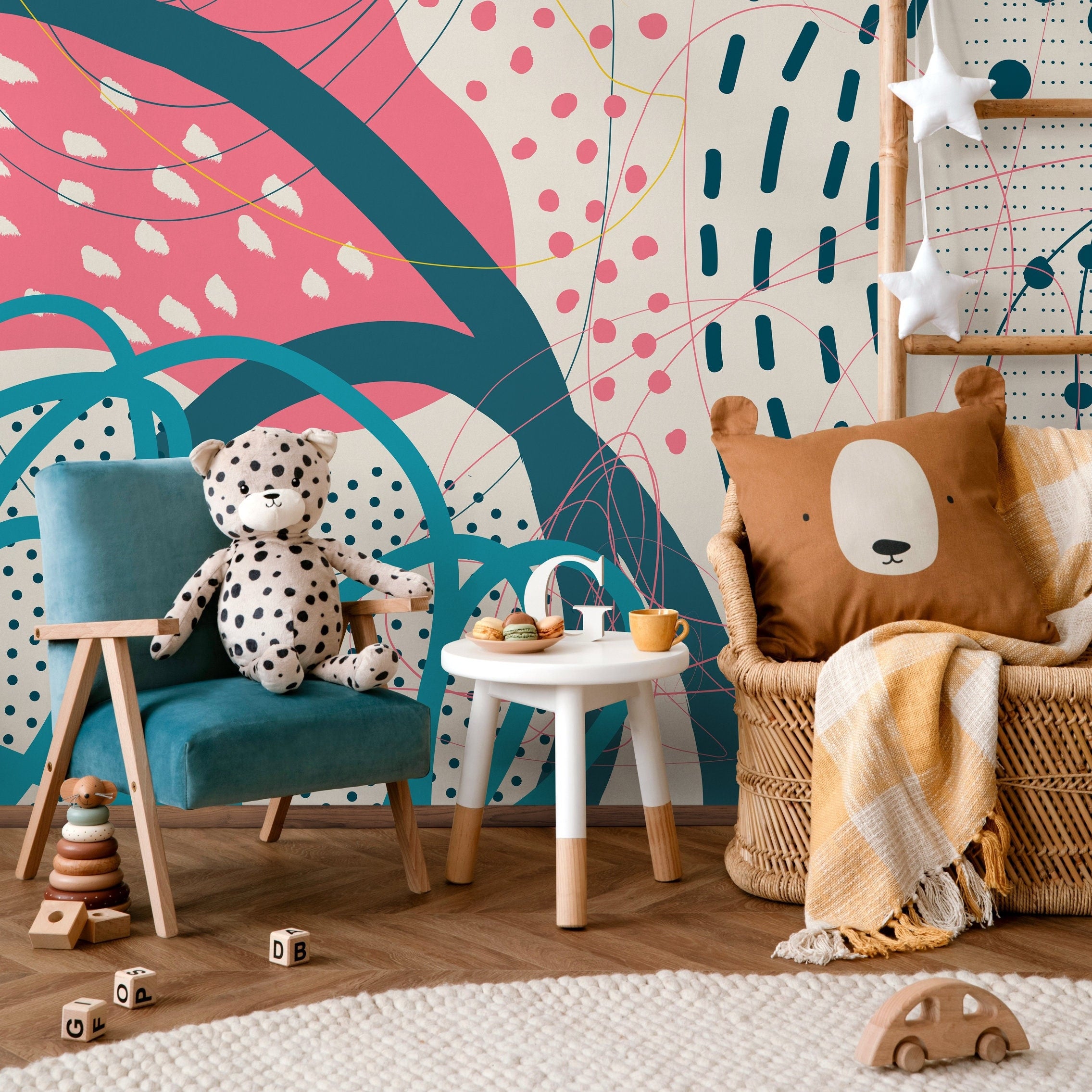 Abstract Wallpaper With A Playful Collage Of Shapes In Teal, Pink, And Yellow - B095