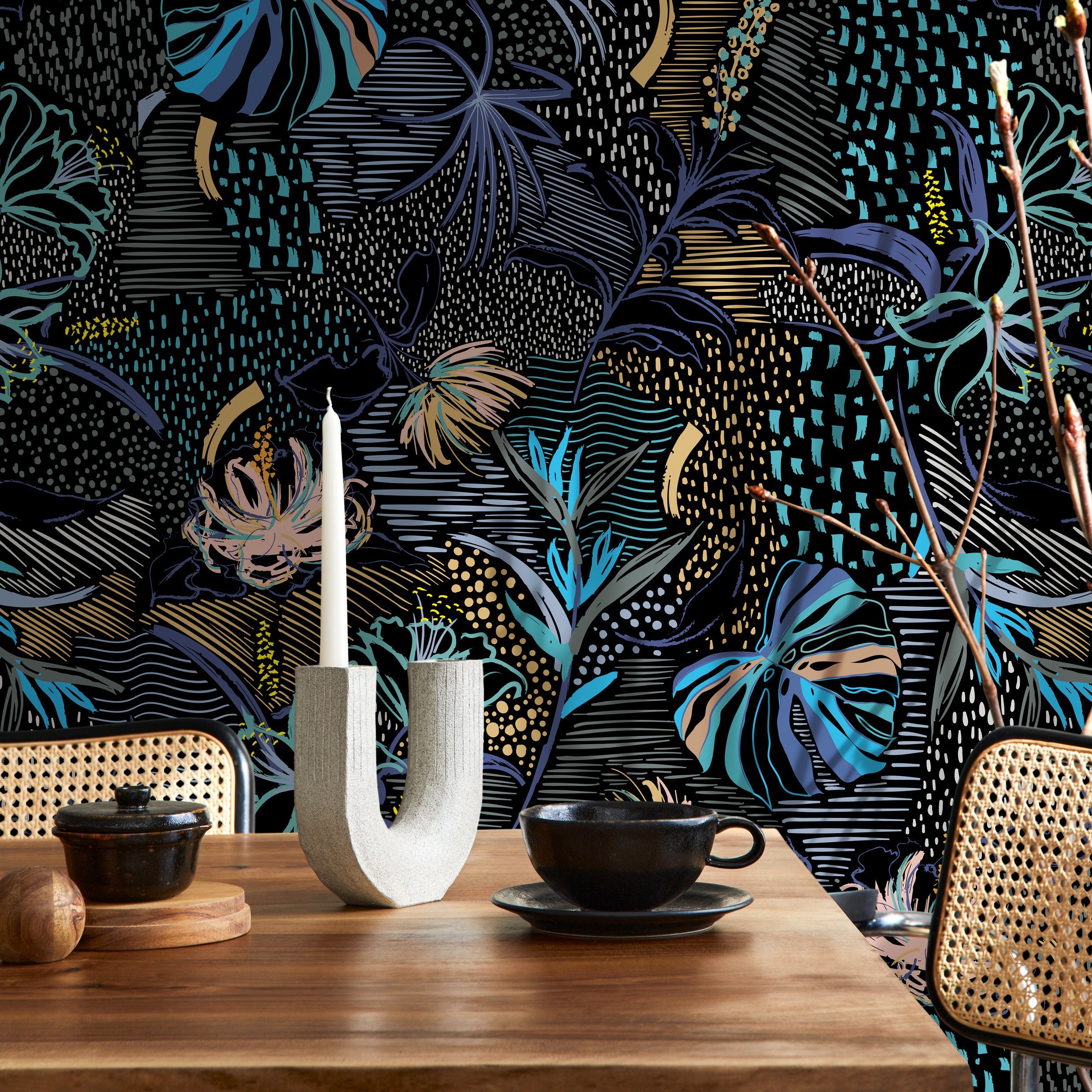 Abstract Wallpaper With Painterly Botanicals In Blue, Gold, And Pink - B096