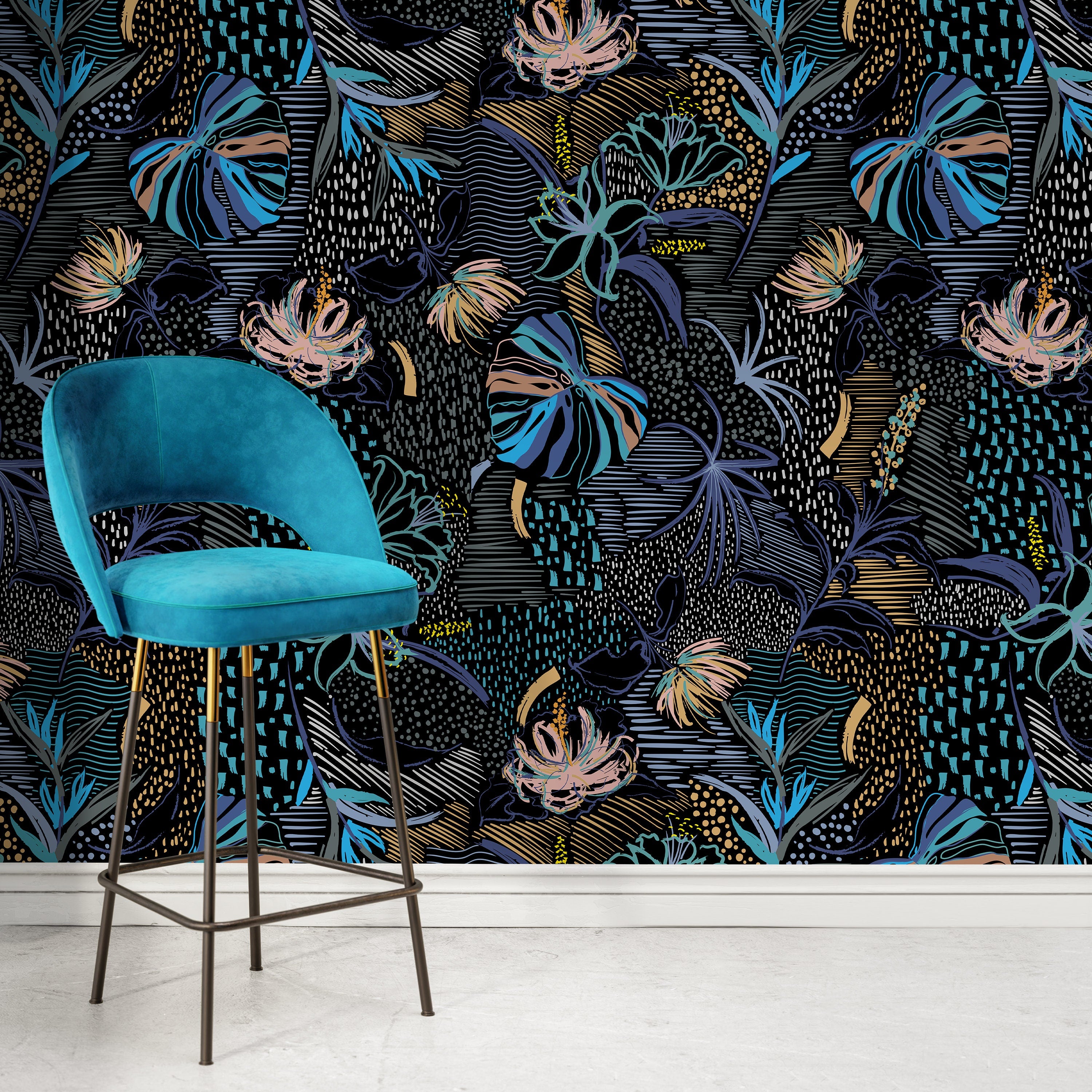 Abstract Wallpaper With Painterly Botanicals In Blue, Gold, And Pink - B096