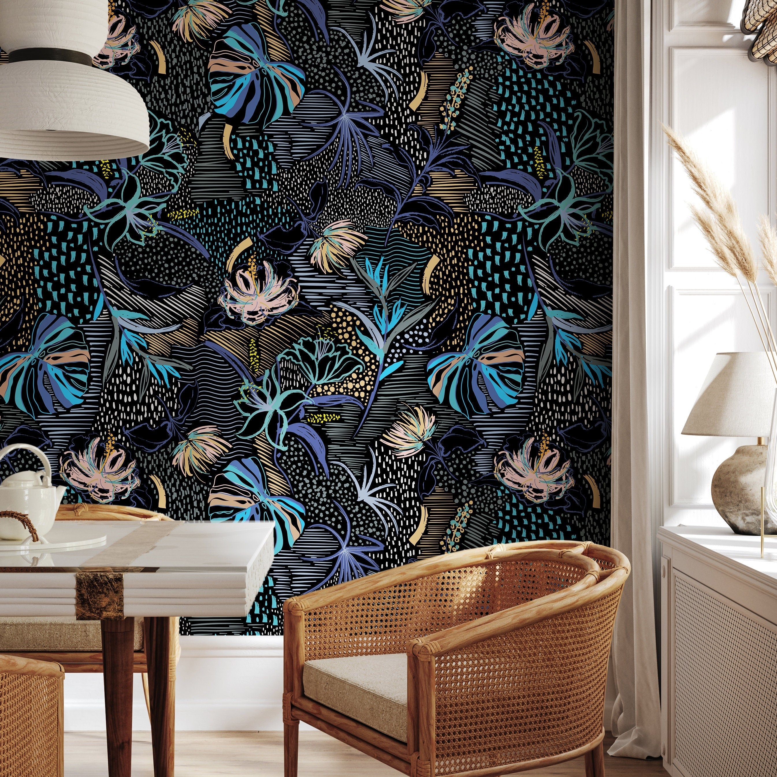 Abstract Wallpaper With Painterly Botanicals In Blue, Gold, And Pink - B096