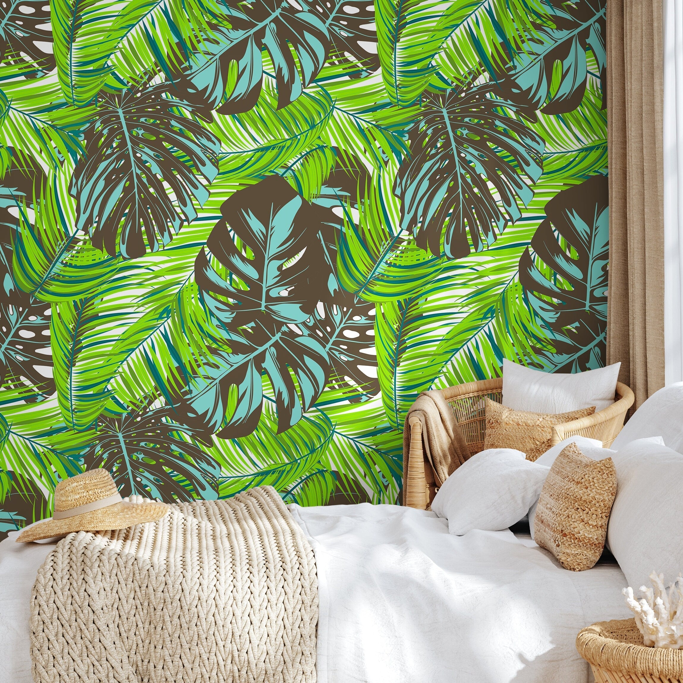 Tropical Wallpaper With Lush Monstera Leaves In Green, Blue, And Brown - B104