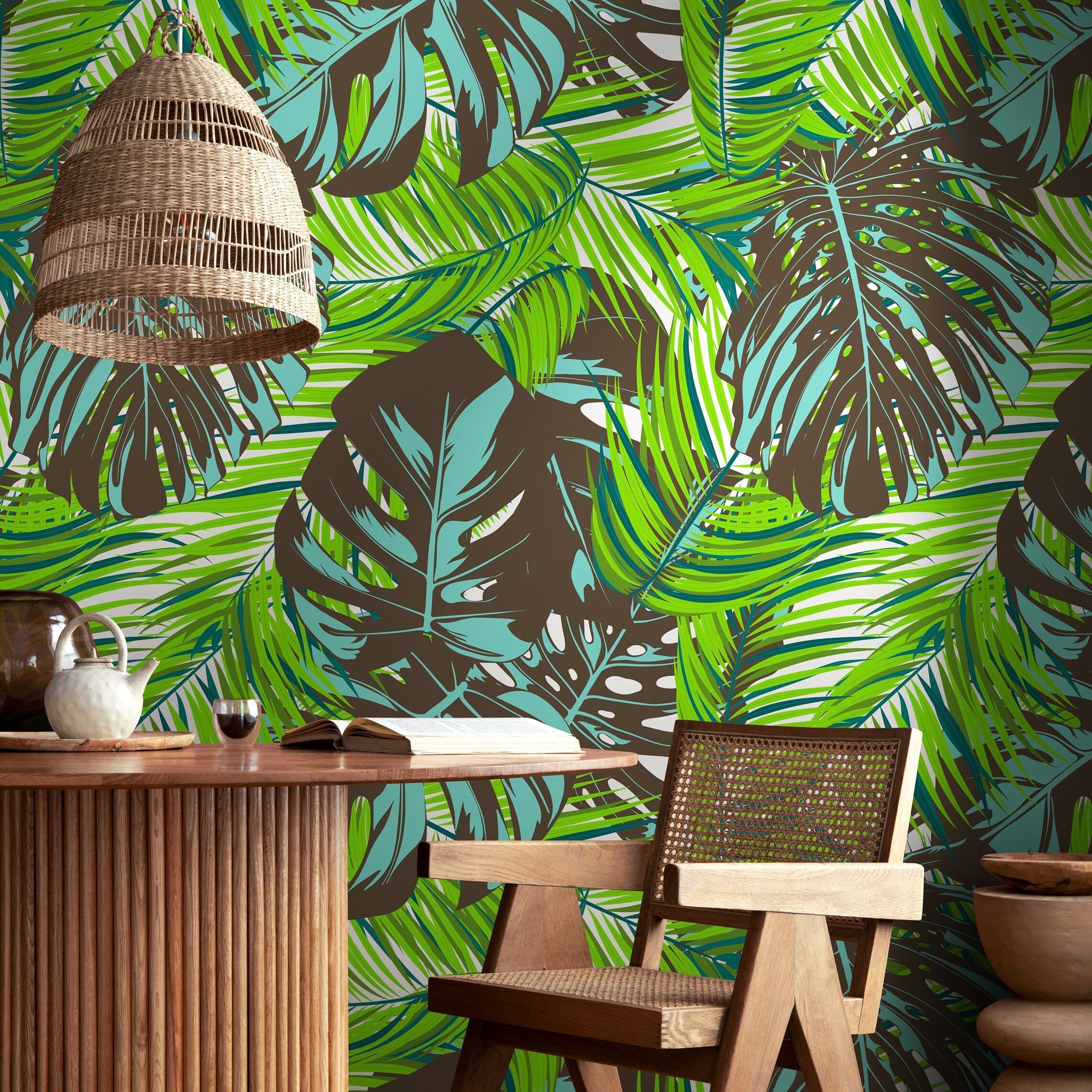 Tropical Wallpaper With Lush Monstera Leaves In Green, Blue, And Brown - B104