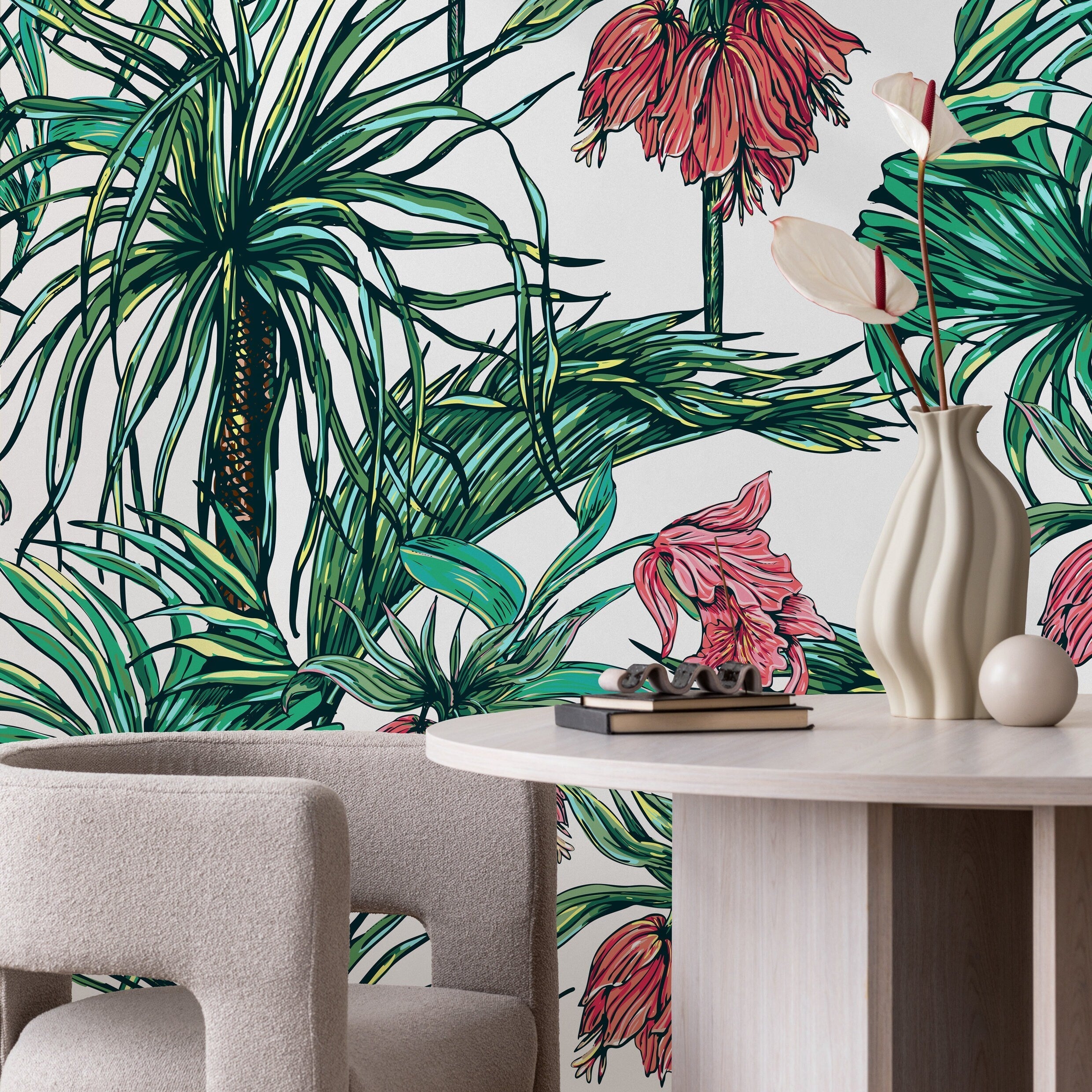Tropical Wallpaper With Exotic Flowers And Palm Leaves In Green And Red - B114