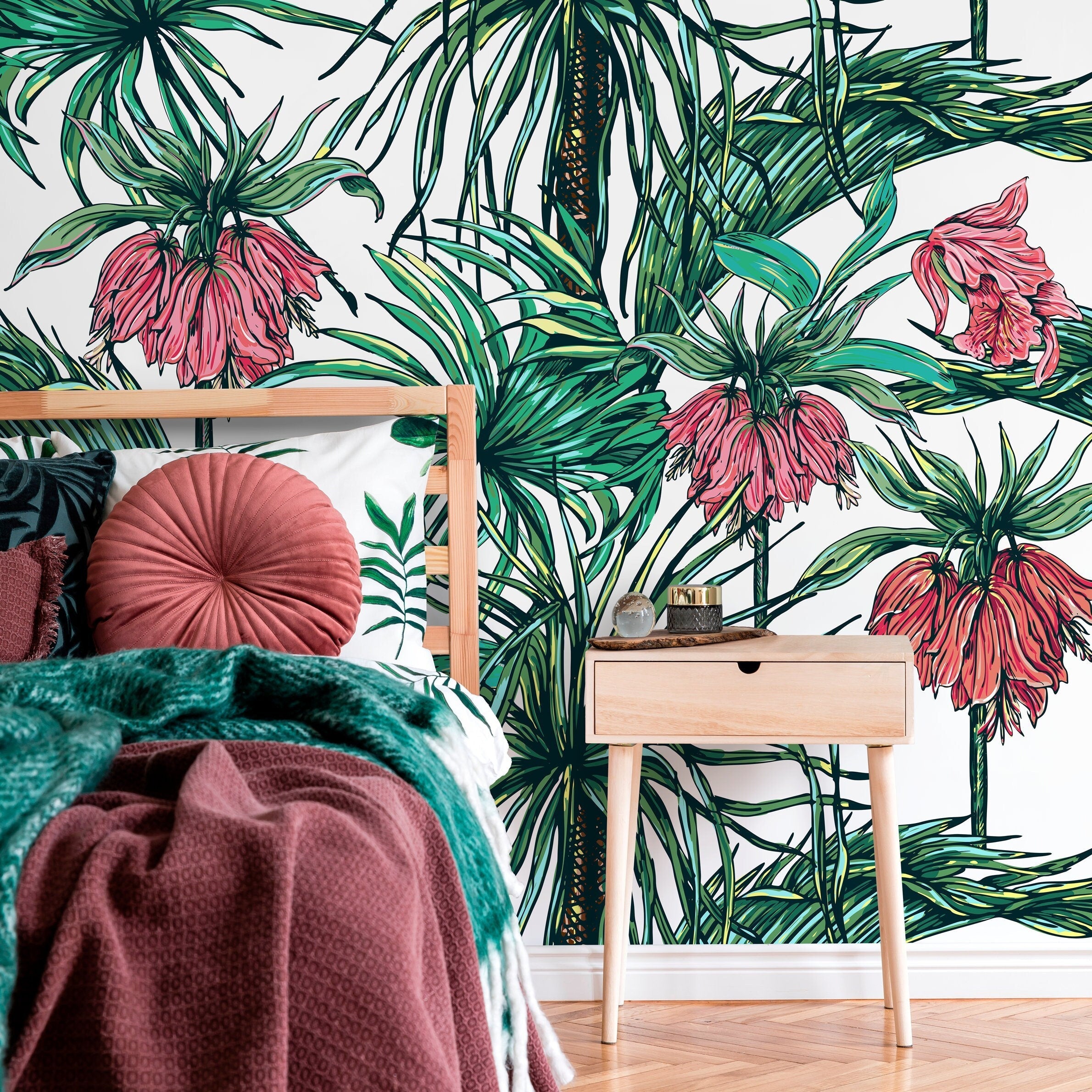 Tropical Wallpaper With Exotic Flowers And Palm Leaves In Green And Red - B114