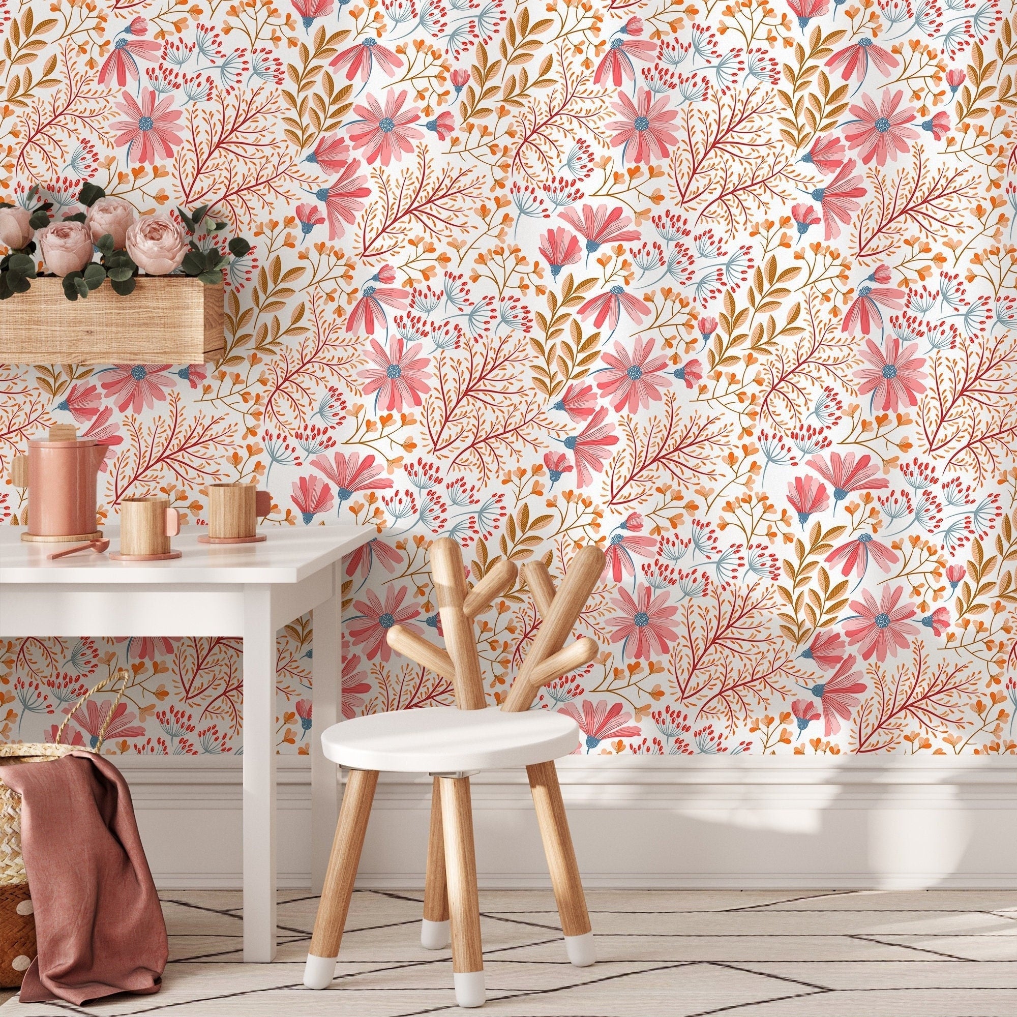 Floral Wallpaper With Stylized Wildflowers In Pink, Orange, And Blue - B896
