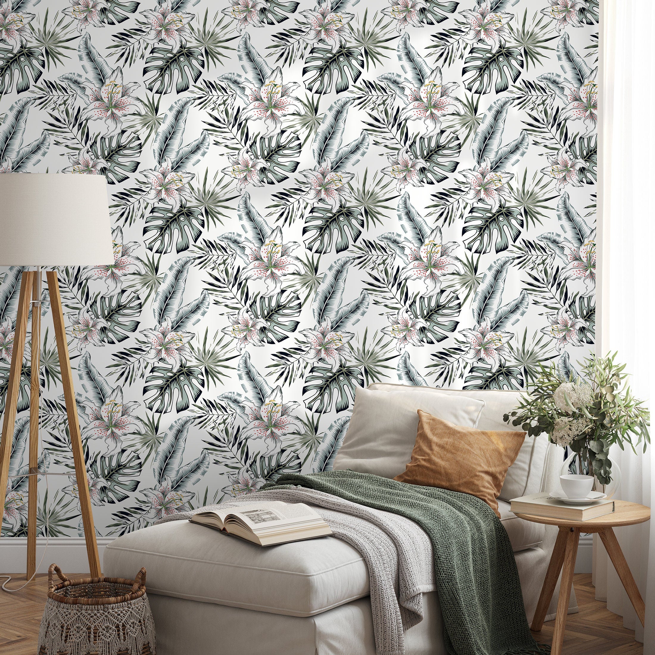 Tropical Wallpaper With Lilies And Palm Leaves In Green And Pink - A478