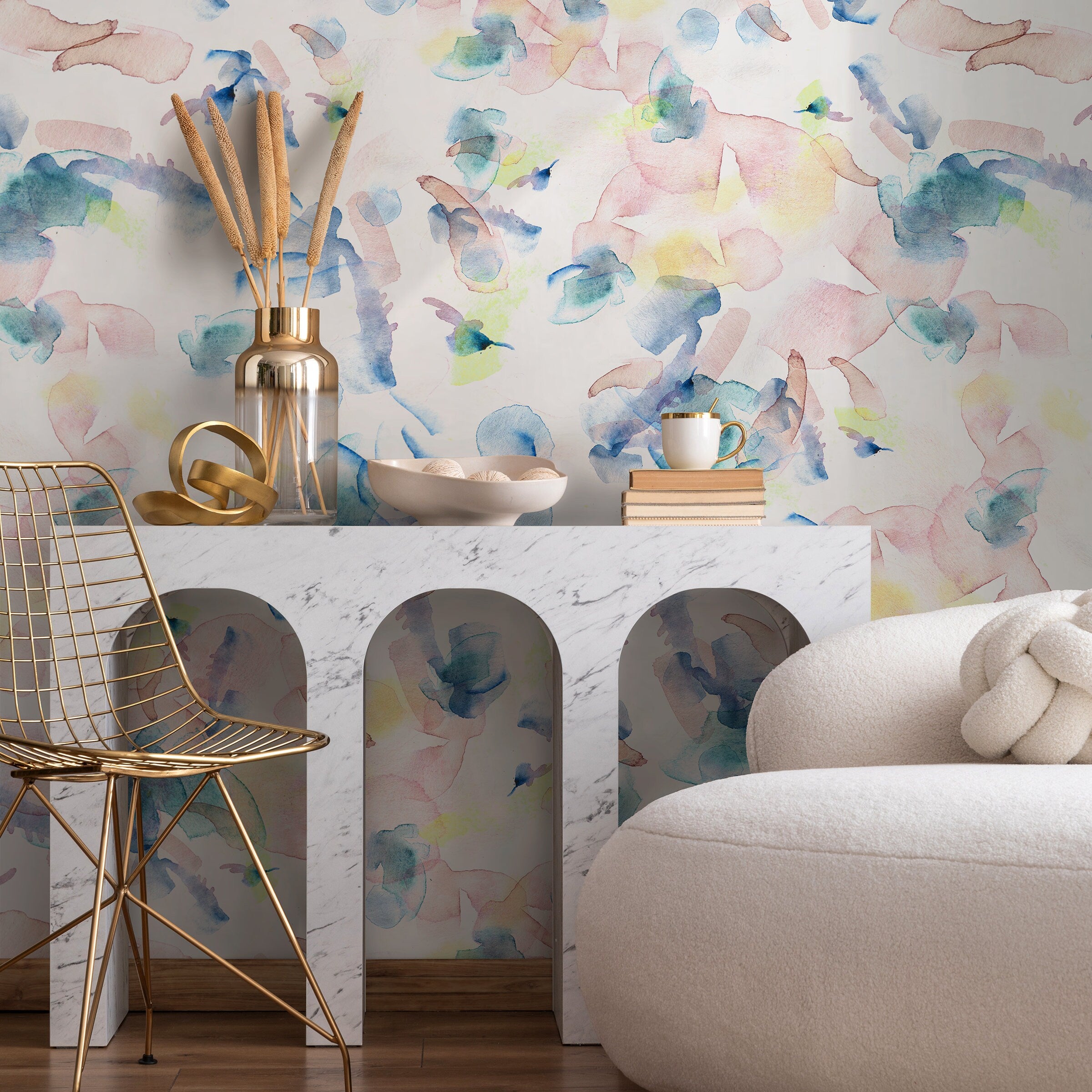 Abstract Wallpaper With A Soft Watercolor Motif In Blue, Pink, And Yellow - B066