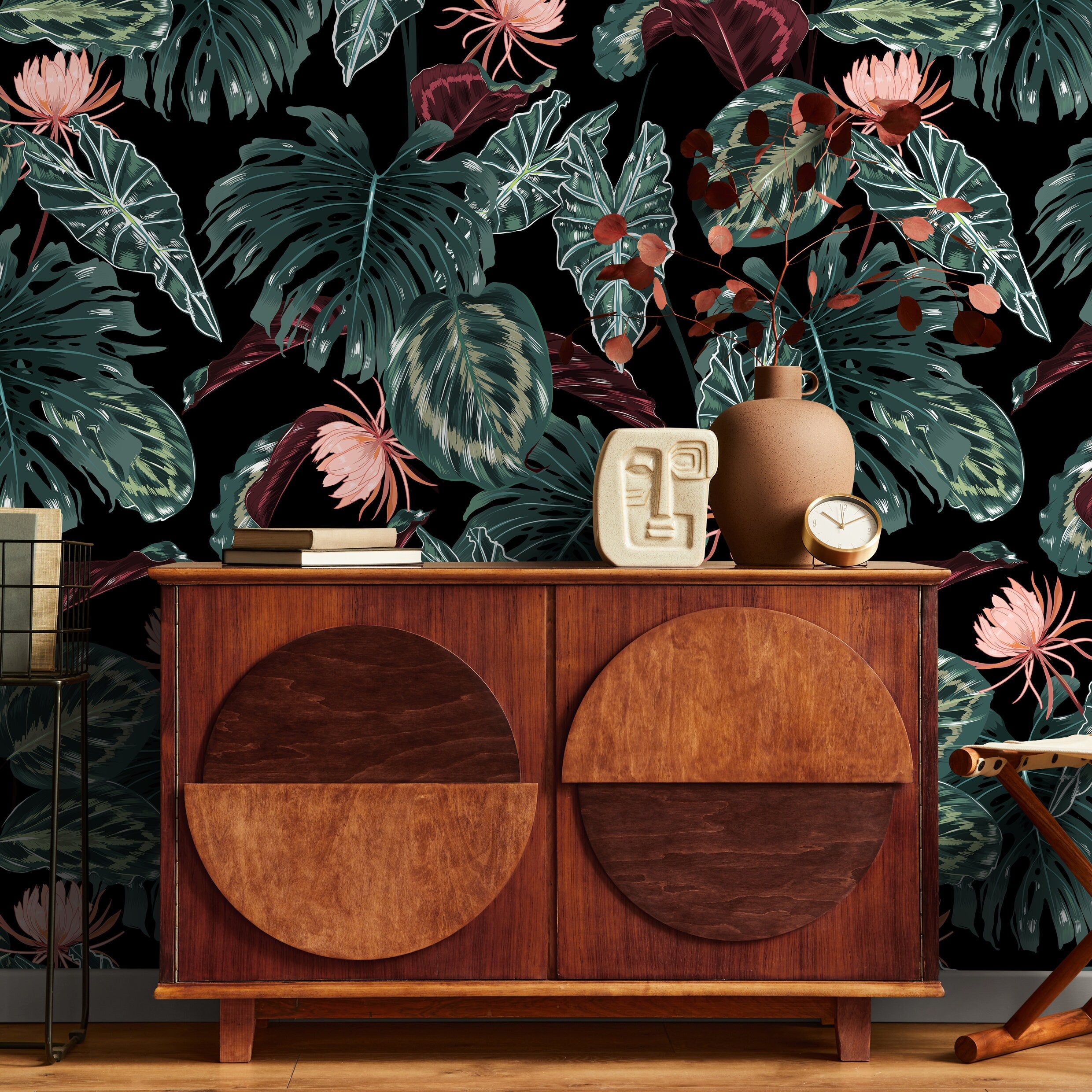 Tropical Wallpaper With Exotic Jungle Leaves And Flowers In Green, Pink, And Black - B071