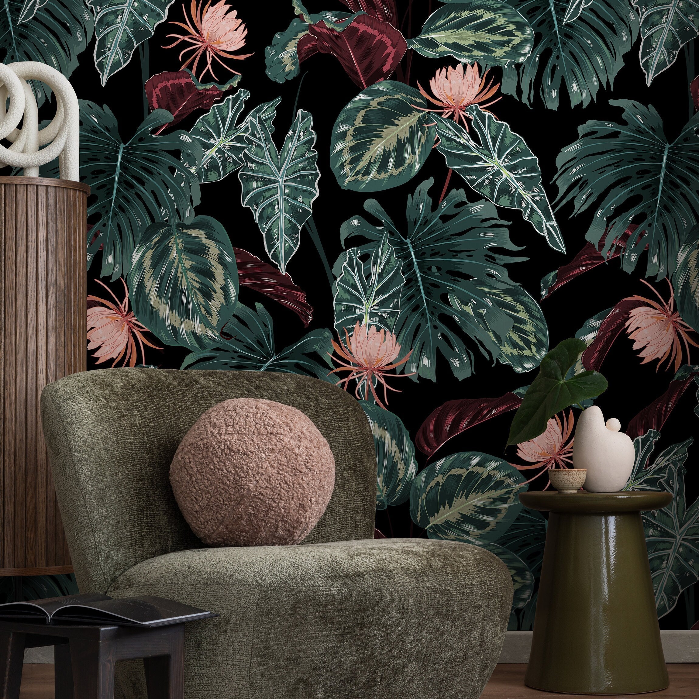 Tropical Wallpaper With Exotic Jungle Leaves And Flowers In Green, Pink, And Black - B071