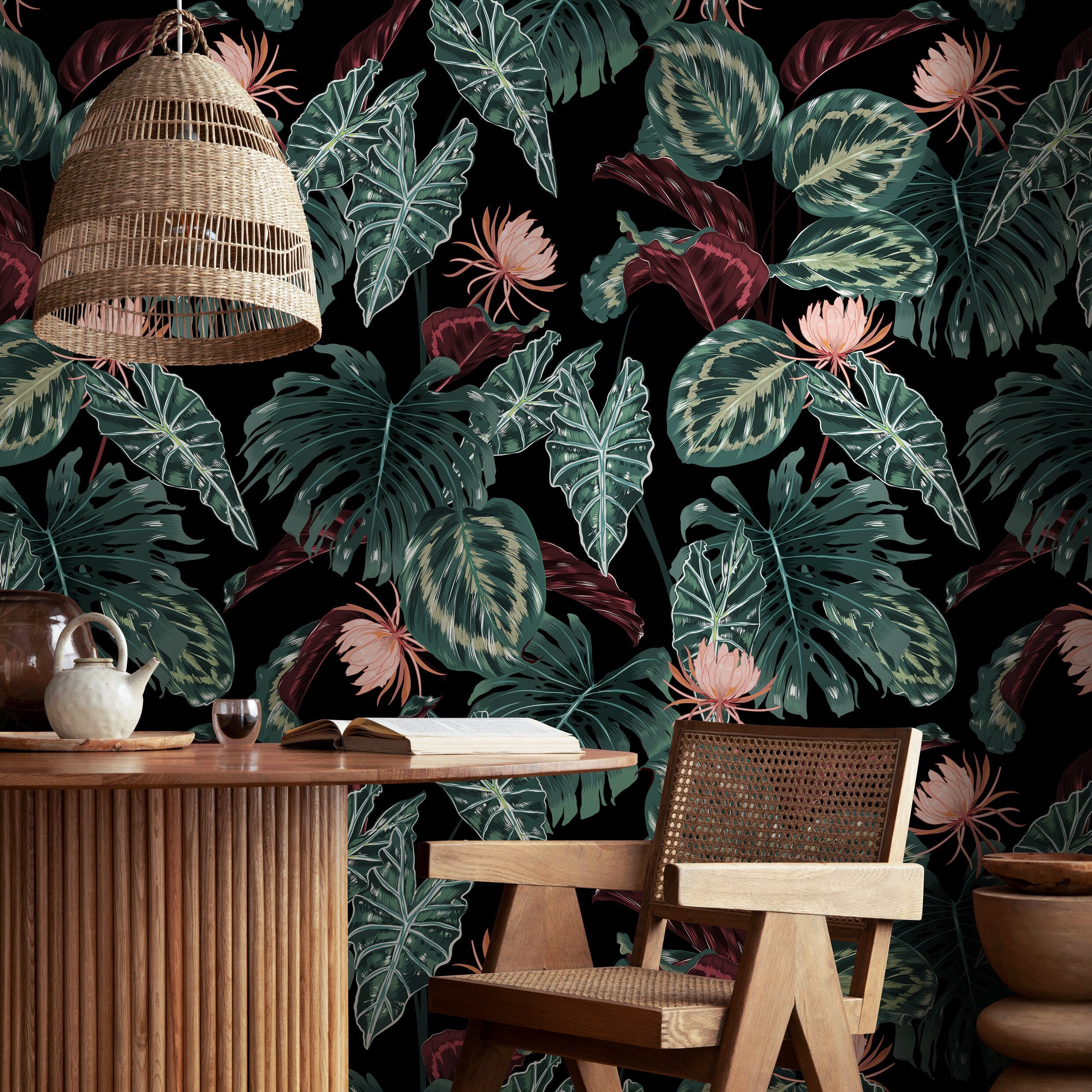 Tropical Wallpaper With Exotic Jungle Leaves And Flowers In Green, Pink, And Black - B071
