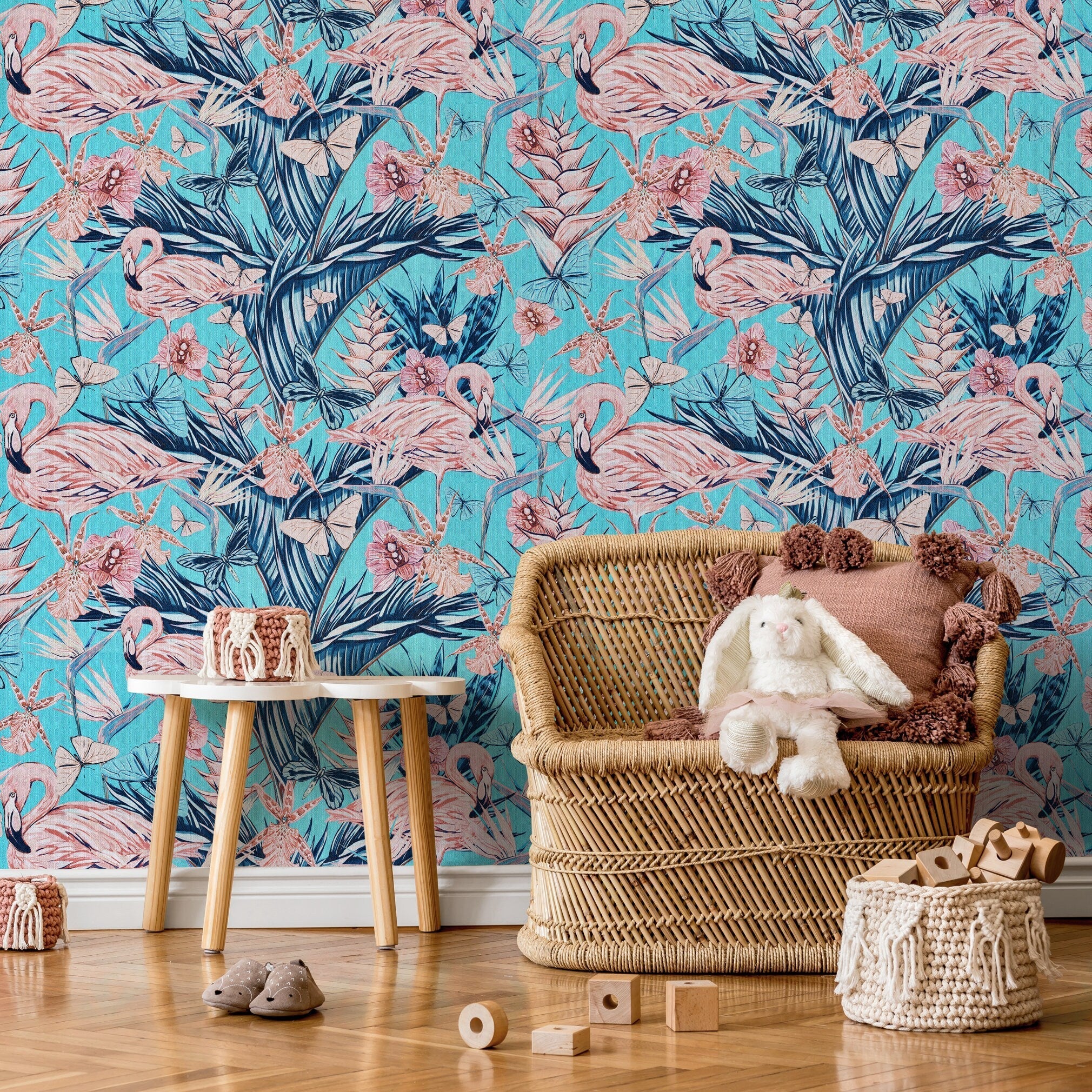 Tropical Wallpaper With Flamingos And Butterflies In Turquoise And Pink - B115