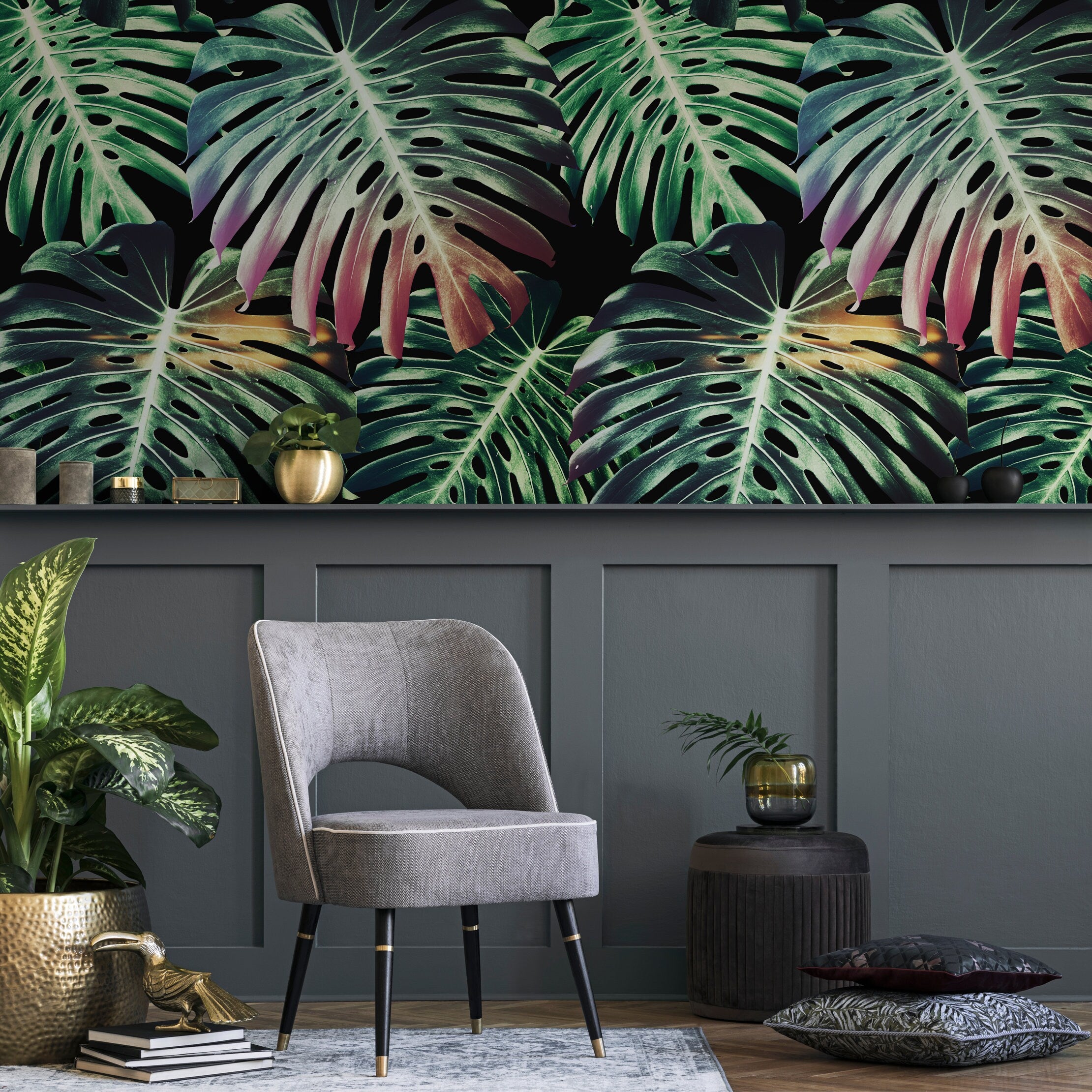 Botanical Wallpaper With Oversized Monstera Leaves In Green And Pink - B116