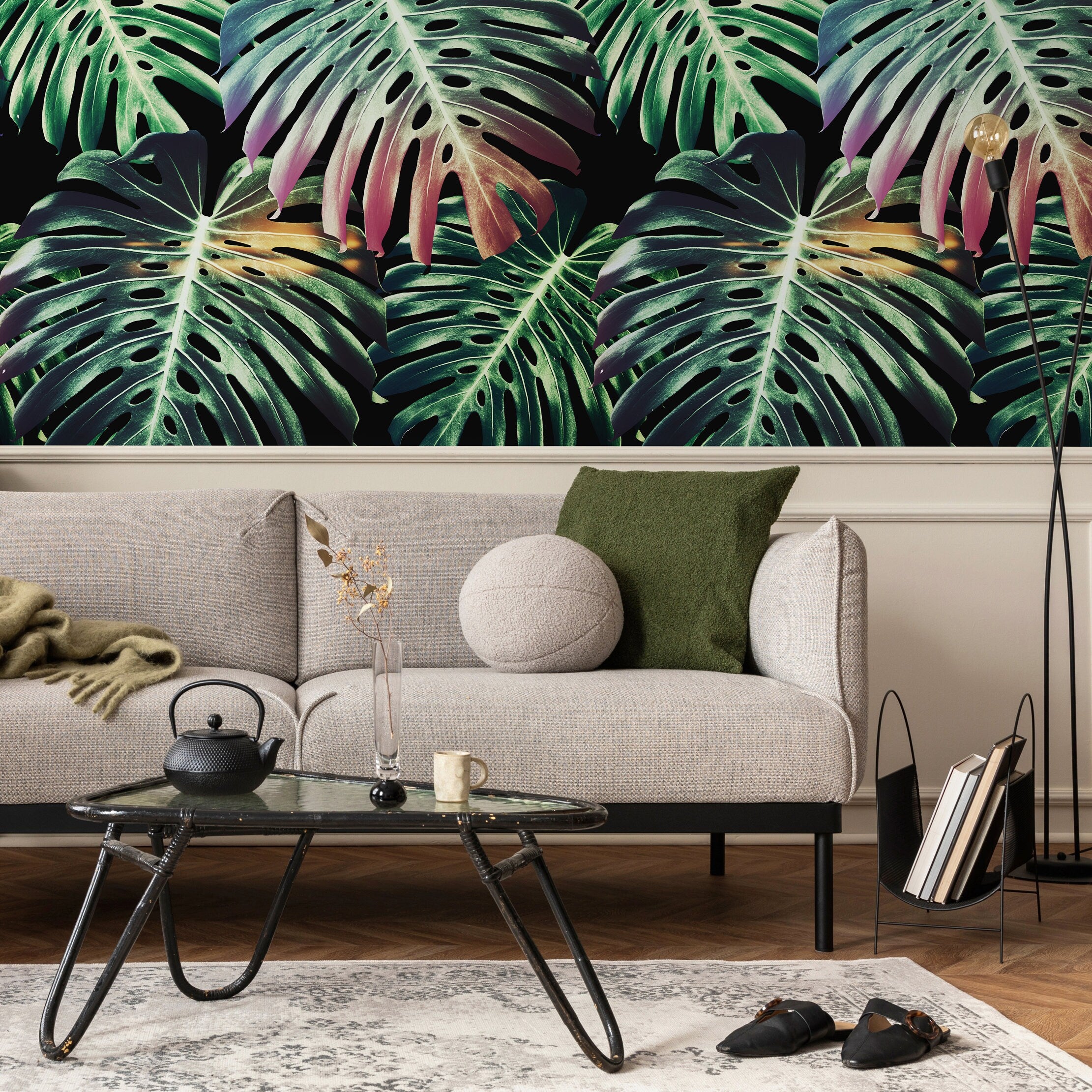 Botanical Wallpaper With Oversized Monstera Leaves In Green And Pink - B116