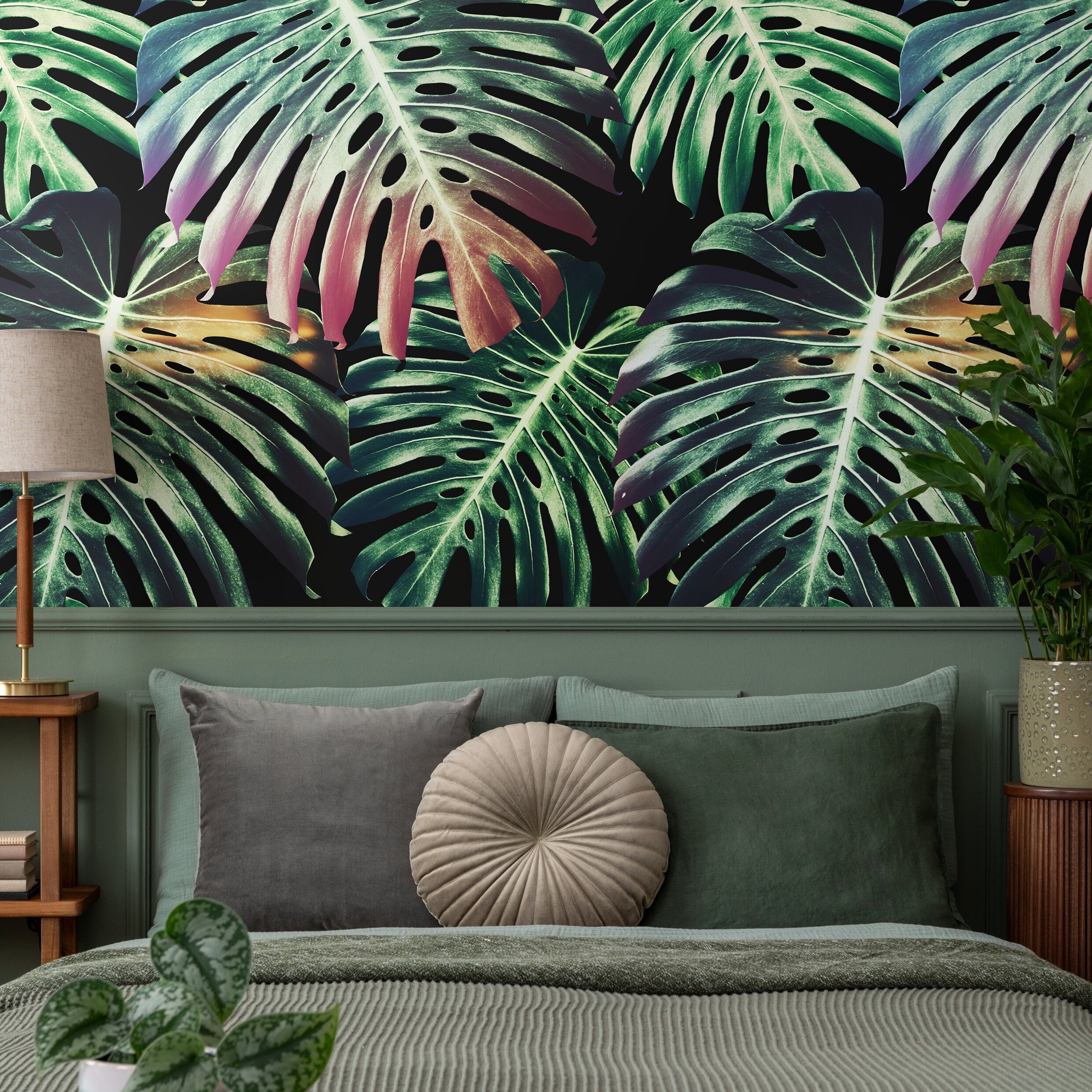 Botanical Wallpaper With Oversized Monstera Leaves In Green And Pink - B116