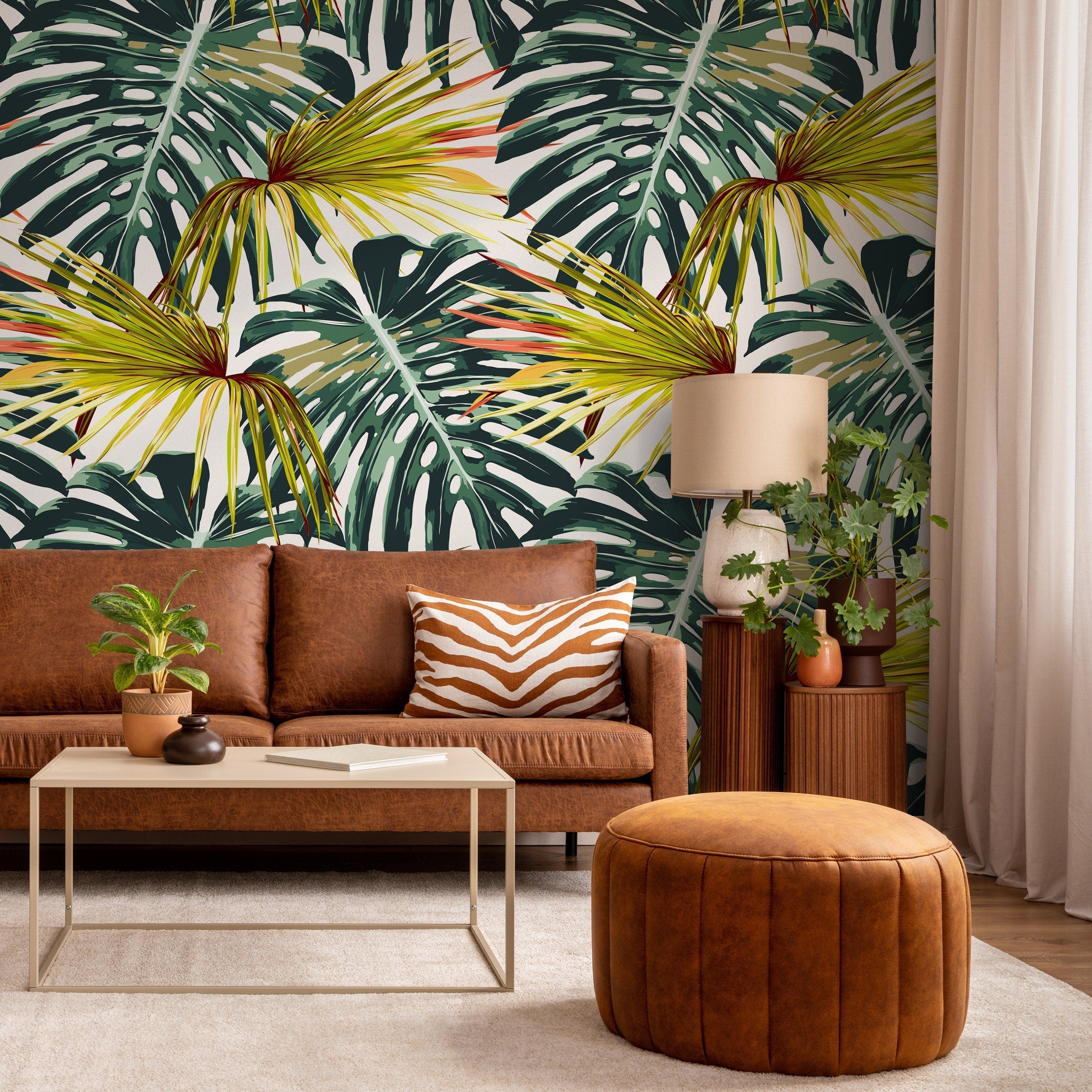 Tropical Wallpaper Featuring Monstera And Palm Leaves In Green, Yellow, And Red - B117