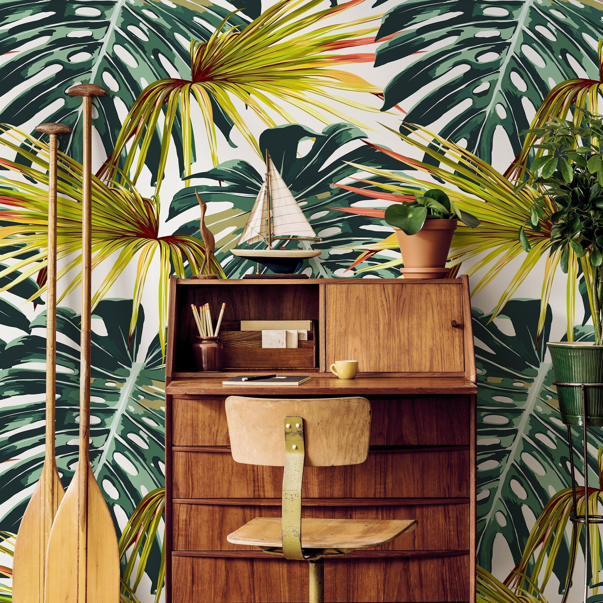 Tropical Wallpaper Featuring Monstera And Palm Leaves In Green, Yellow, And Red - B117