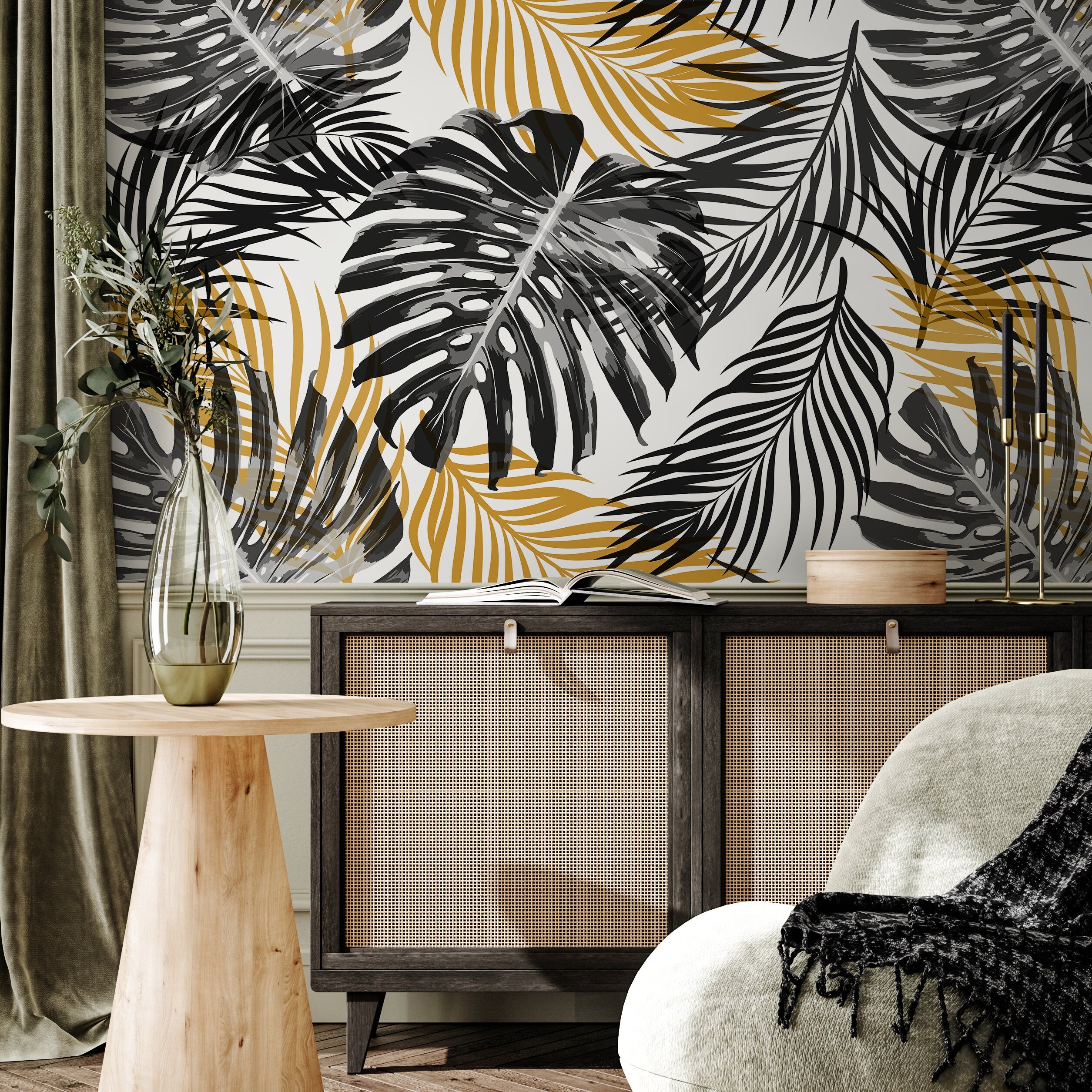 Botanical Wallpaper With Tropical Monstera Leaves In Black, Gray, And Gold - B119