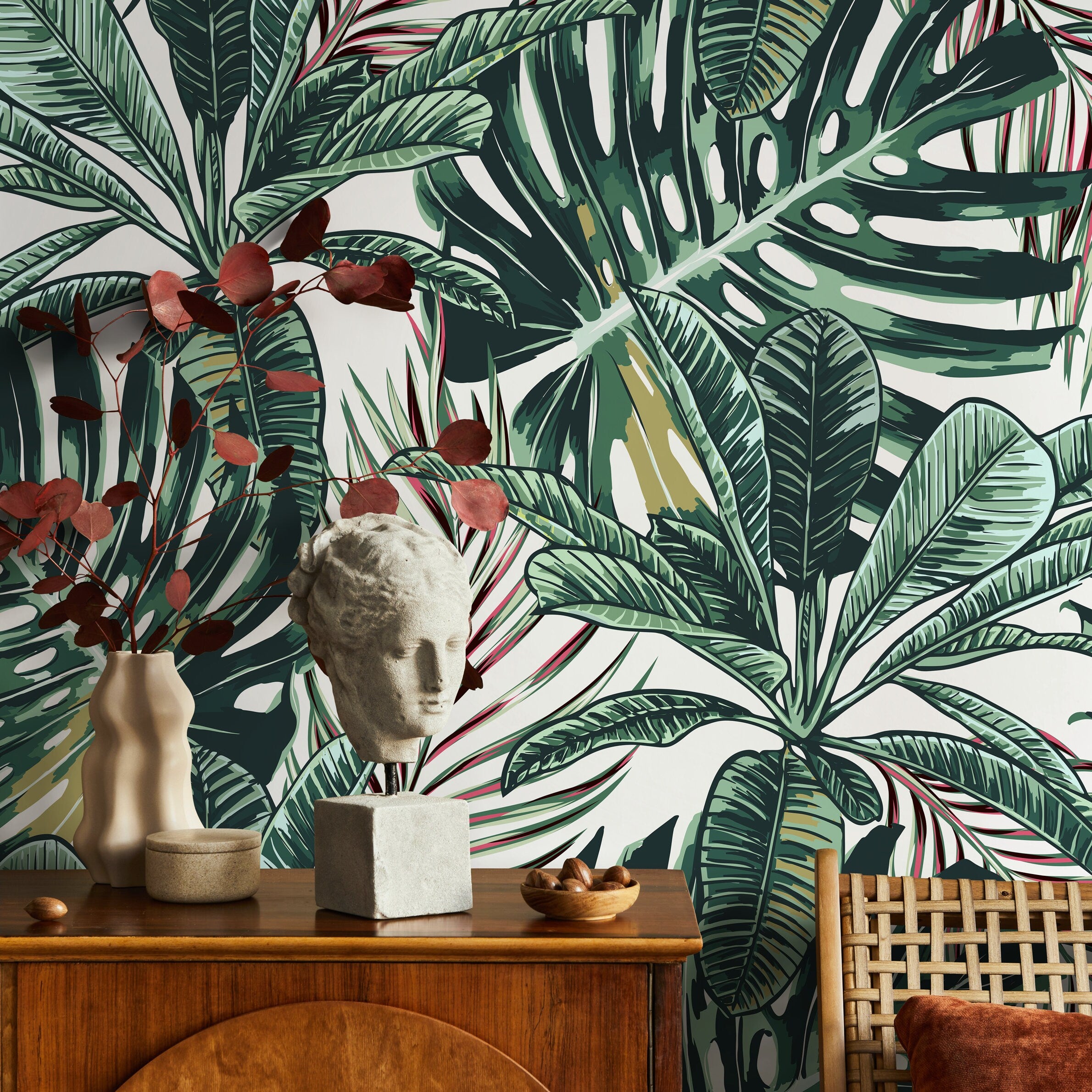 Tropical Wallpaper Featuring Lush Monstera And Palm Leaves In Green And Red - B120