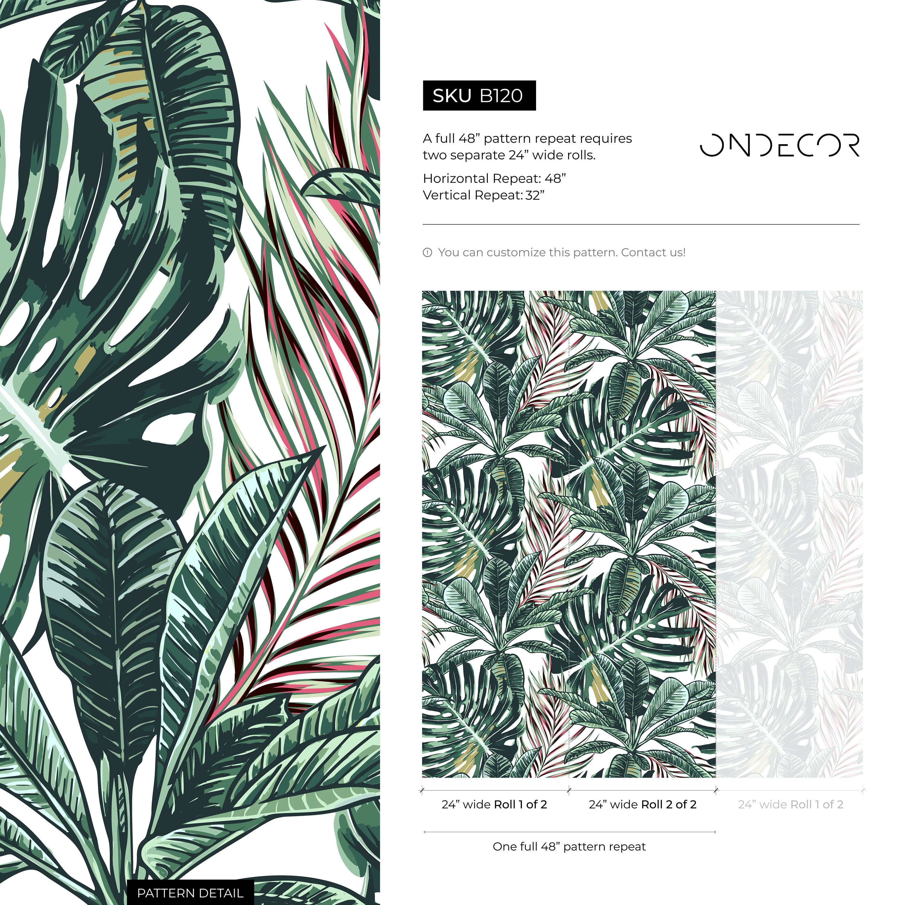 Tropical Wallpaper Featuring Lush Monstera And Palm Leaves In Green And Red - B120