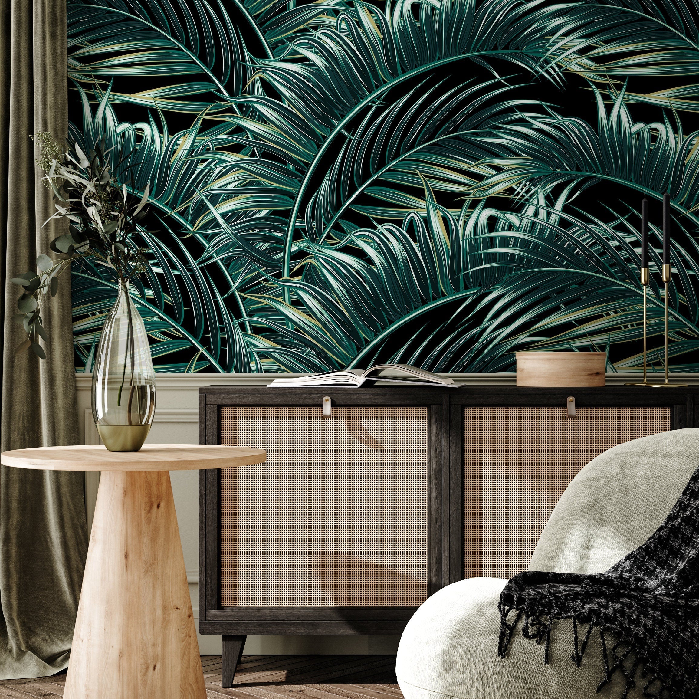 Tropical Wallpaper Featuring Lush Palm Fronds In Green, White, And Black - B123